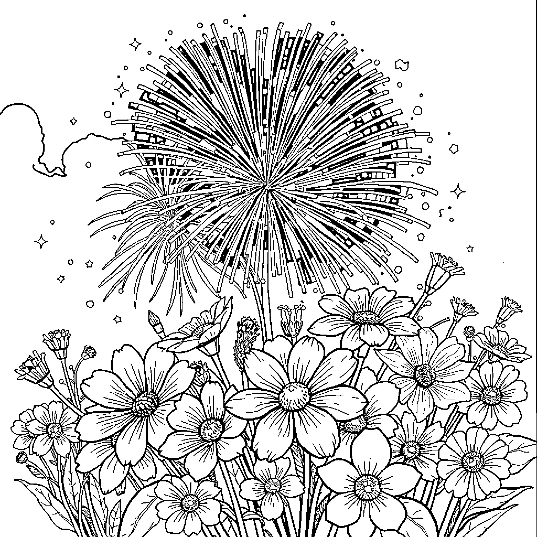 Firework explosion above floral field Coloring Page (free black-and-white line drawing printable PDF for all, from beginners to advanced learners, including children, teens, adults, and seniors)