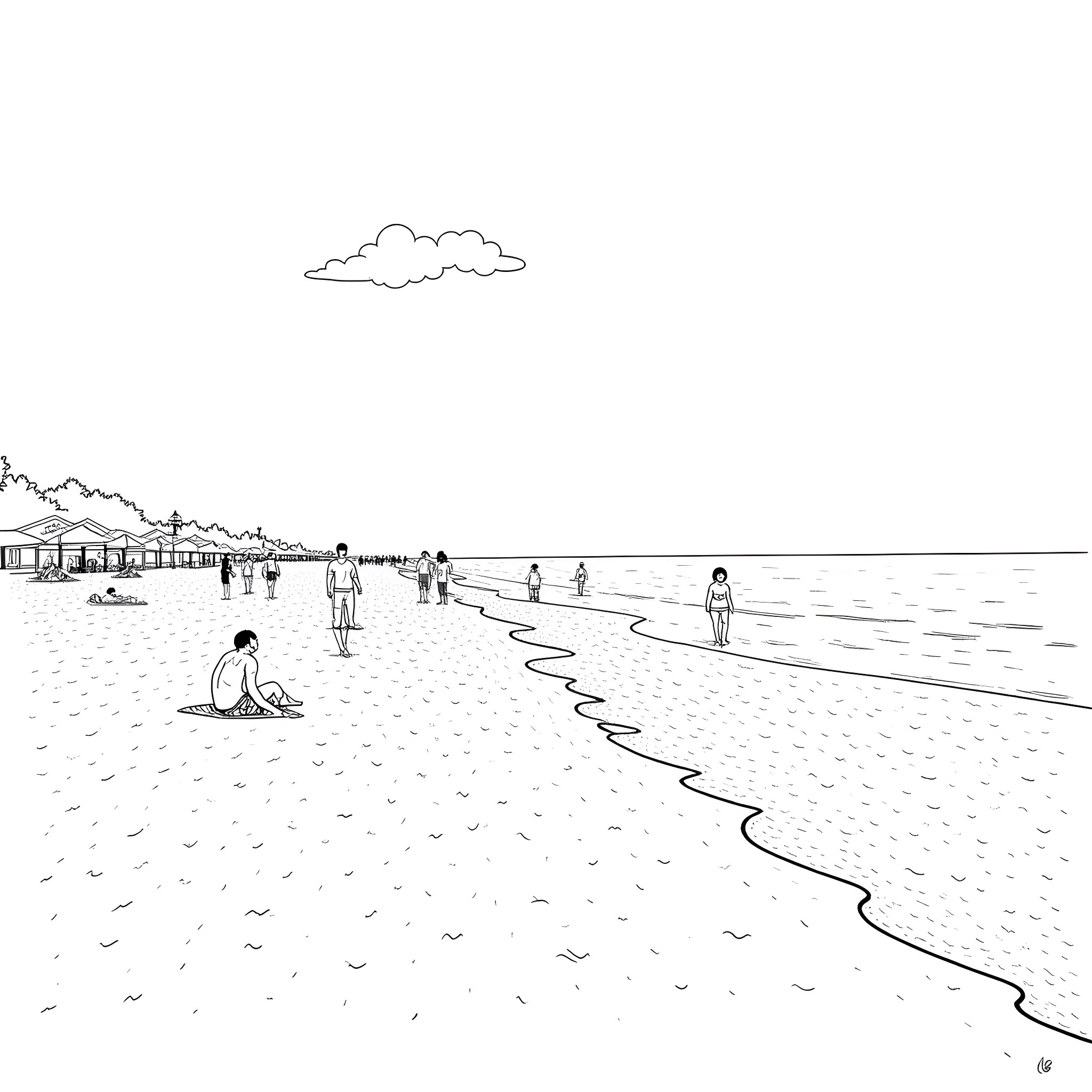 Summer beach scene with people enjoying the sun and waves Coloring Page (free black-and-white line drawing printable PDF for all, from beginners to advanced learners, including children, teens, adults, and seniors)