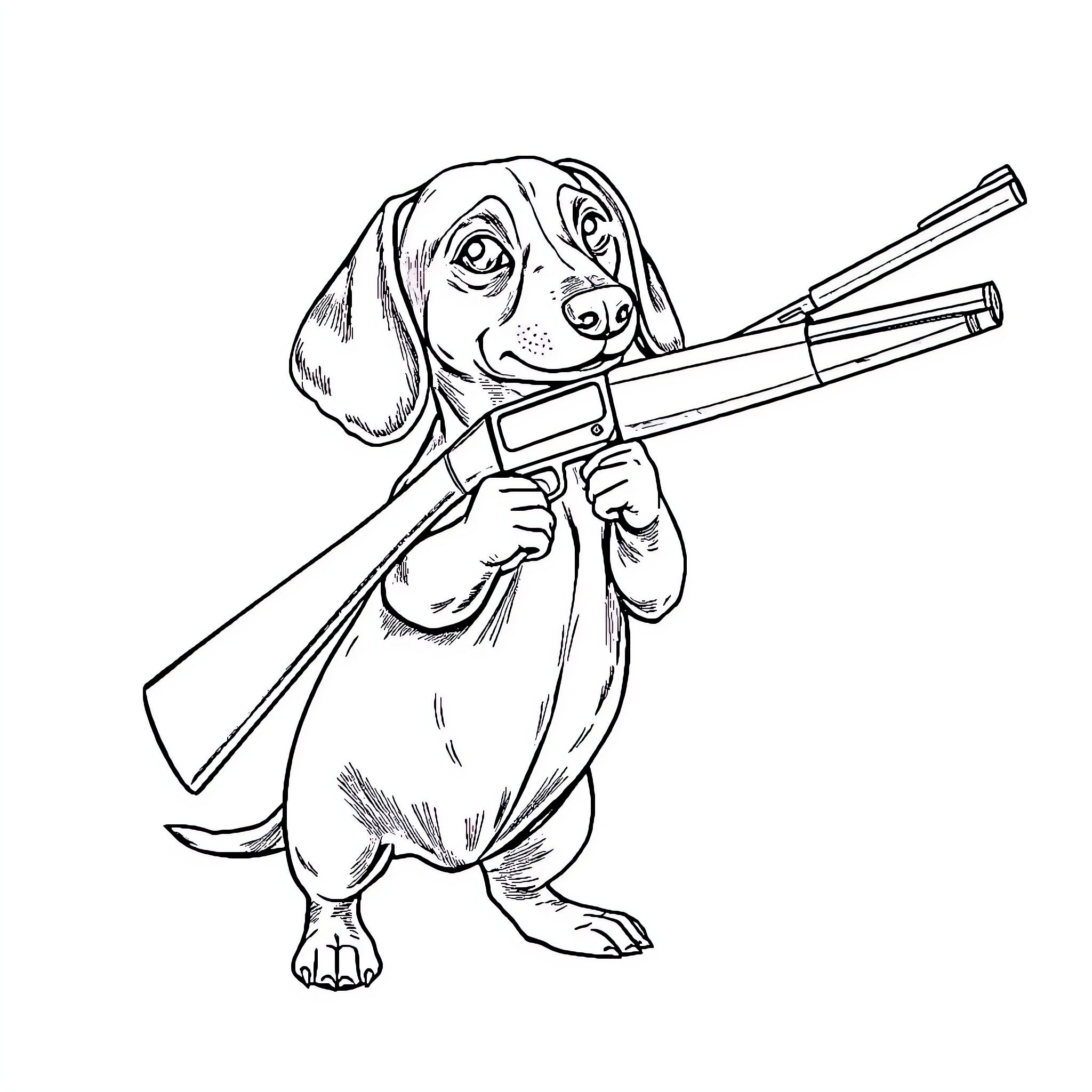 Dachshund hunting with shotgun Coloring Page (free black-and-white line drawing printable PDF for all, from beginners to advanced learners, including children, teens, adults, and seniors)