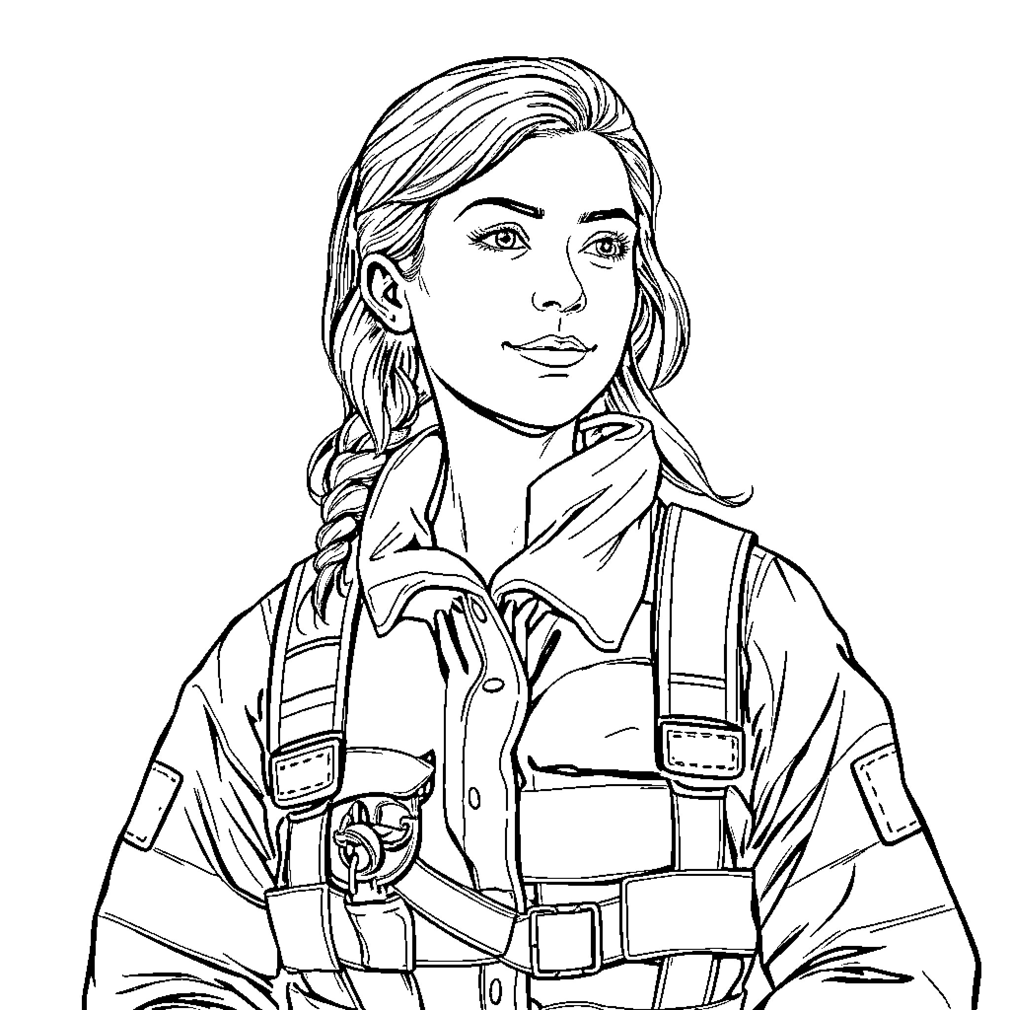 Firefighter in protective gear posing with serious expression Coloring Page (free black-and-white line drawing printable PDF for all, from beginners to advanced learners, including children, teens, adults, and seniors)