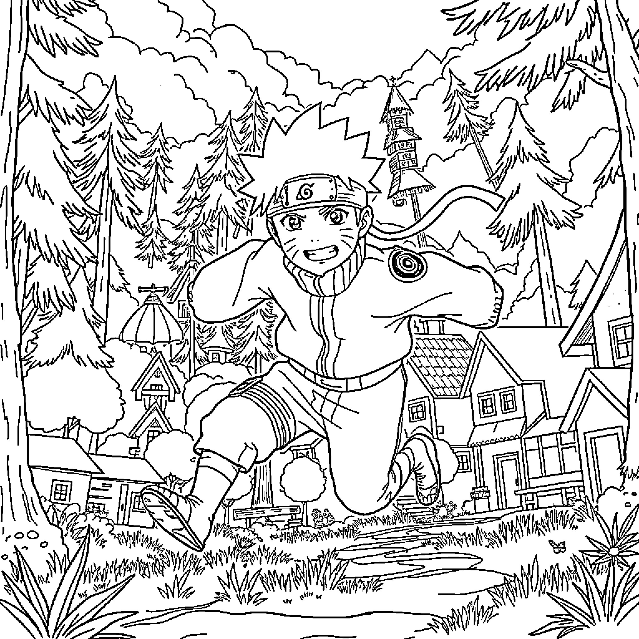 Naruto Charging Through a Vibrant Forest Landscape Coloring Page (free black-and-white line drawing printable PDF for all, from beginners to advanced learners, including children, teens, adults, and seniors)