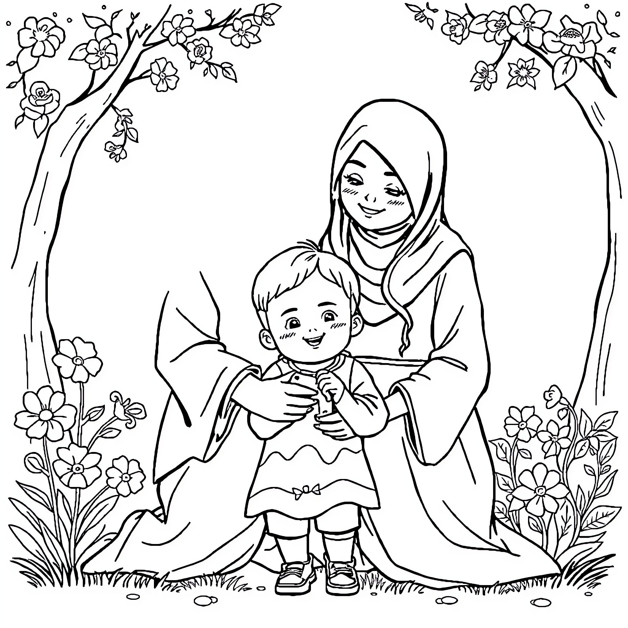 Family time in the flowery garden Coloring Page (free black-and-white line drawing printable PDF for all, from beginners to advanced learners, including children, teens, adults, and seniors)