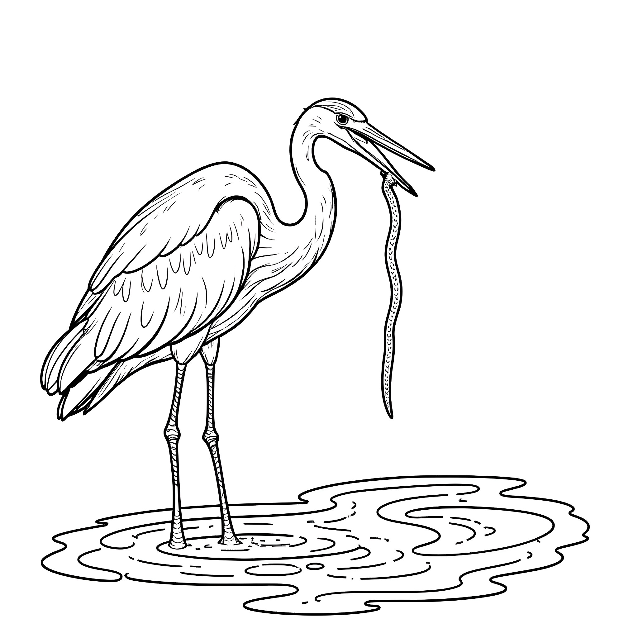 Heron standing in shallow waters Coloring Page (free black-and-white line drawing printable PDF for all, from beginners to advanced learners, including children, teens, adults, and seniors)