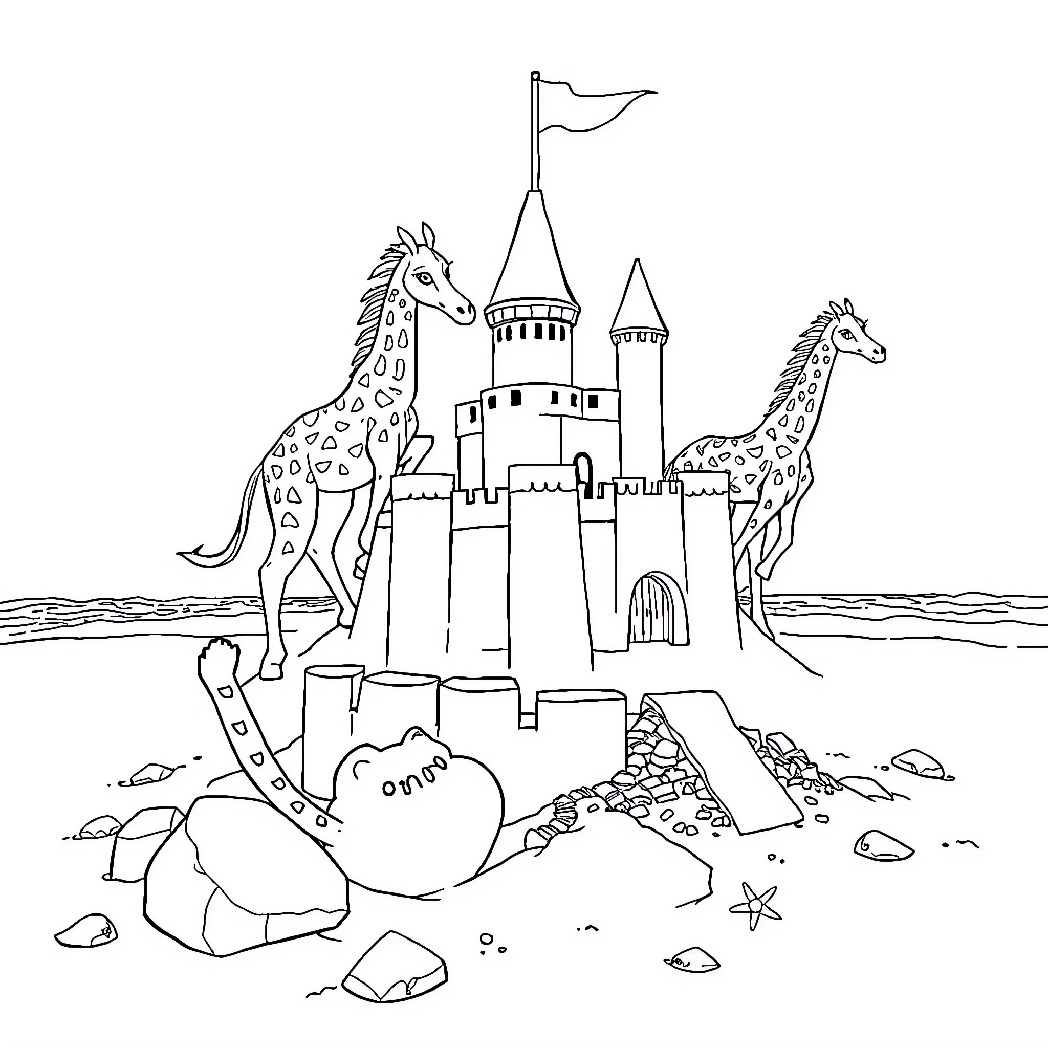 Gato playing near fantasy castle with horses Coloring Page (free black-and-white line drawing printable PDF for all, from beginners to advanced learners, including children, teens, adults, and seniors)