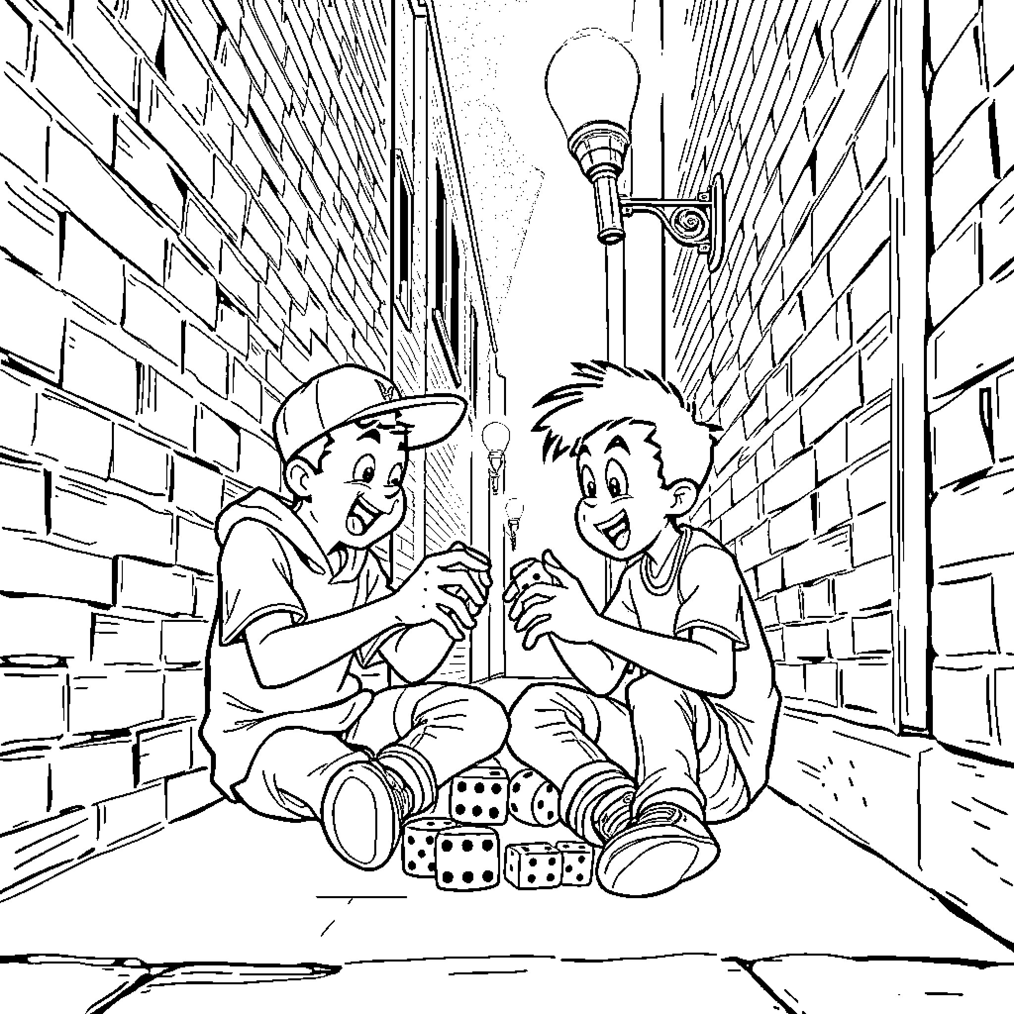 Freeman boys playing dice in alley Coloring Page (free black-and-white line drawing printable PDF for all, from beginners to advanced learners, including children, teens, adults, and seniors)