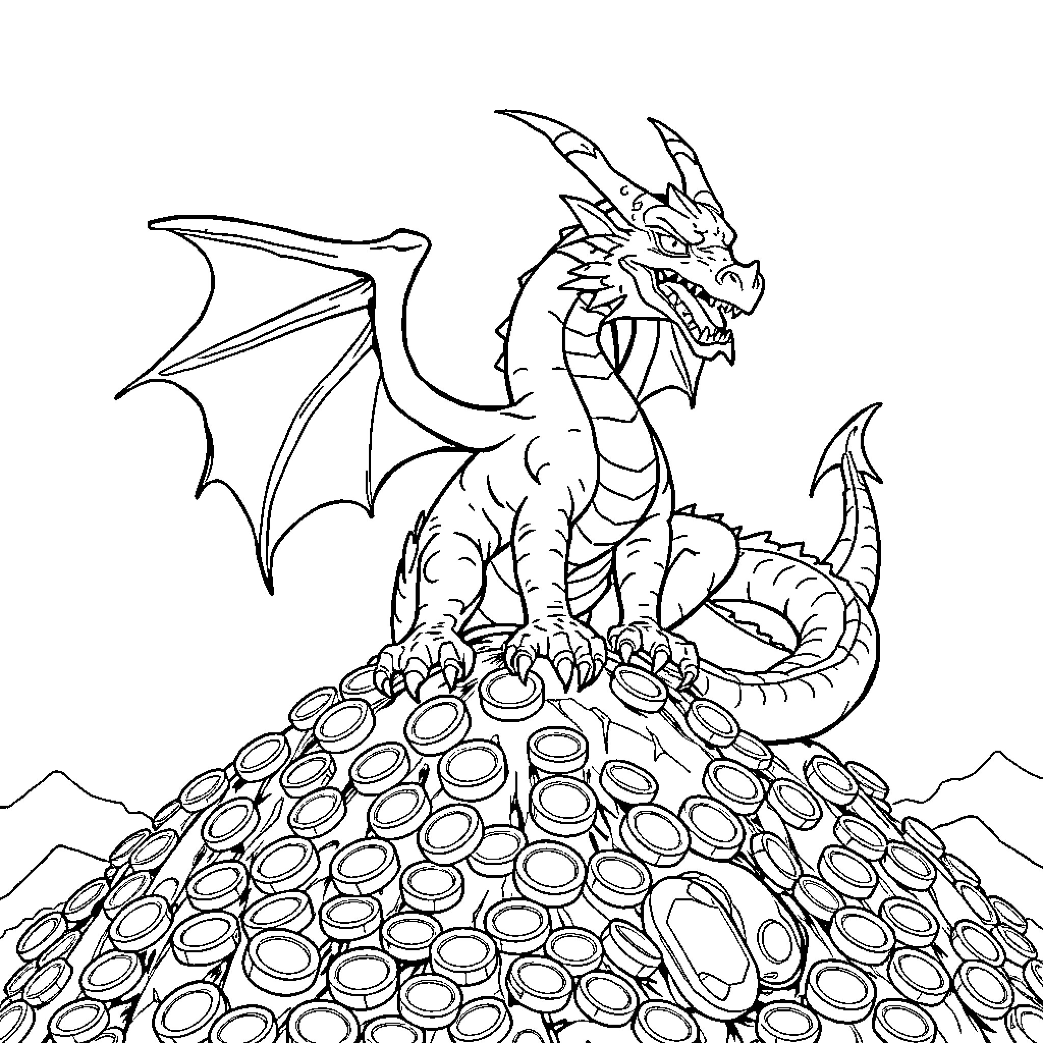 Dragon guarding its hoard of treasures Coloring Page (free black-and-white line drawing printable PDF for all, from beginners to advanced learners, including children, teens, adults, and seniors)
