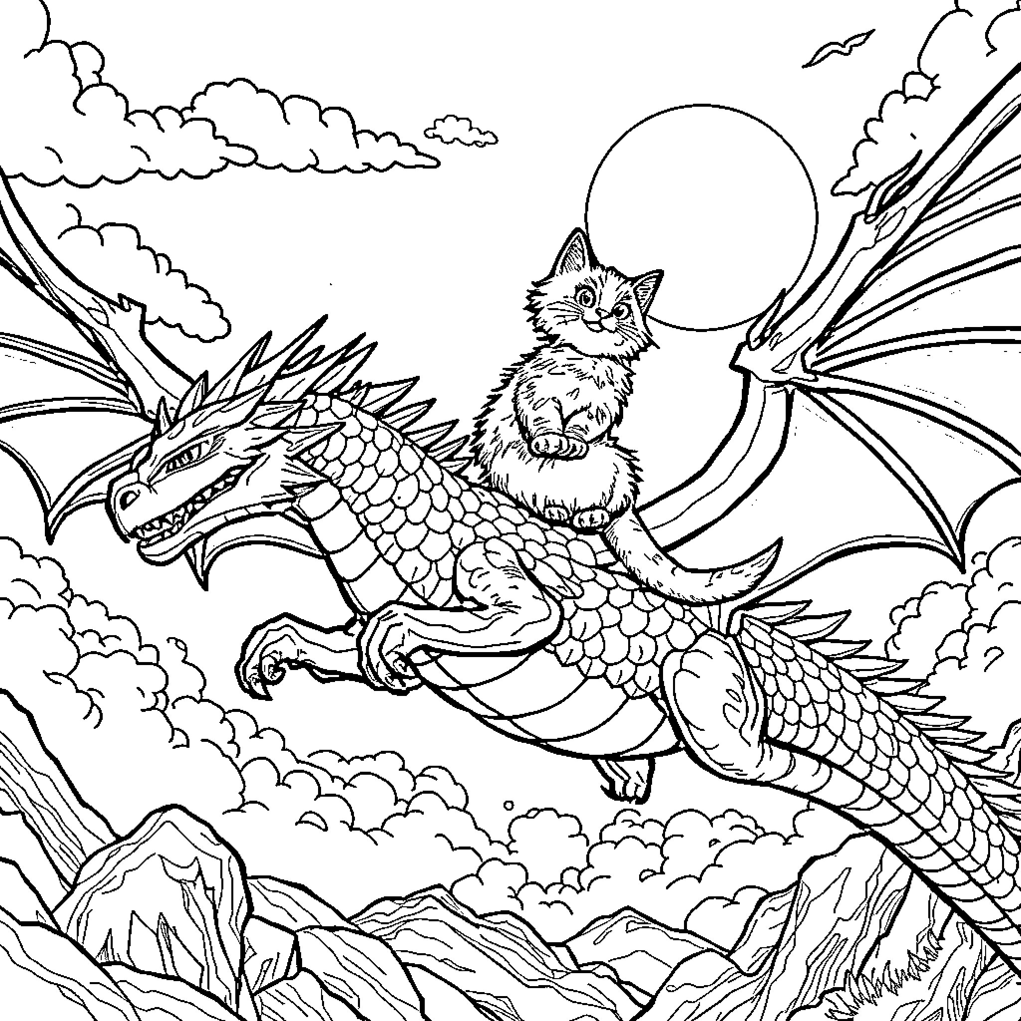 Cat riding a fantasy dragon in the sky Coloring Page (free black-and-white line drawing printable PDF for all, from beginners to advanced learners, including children, teens, adults, and seniors)