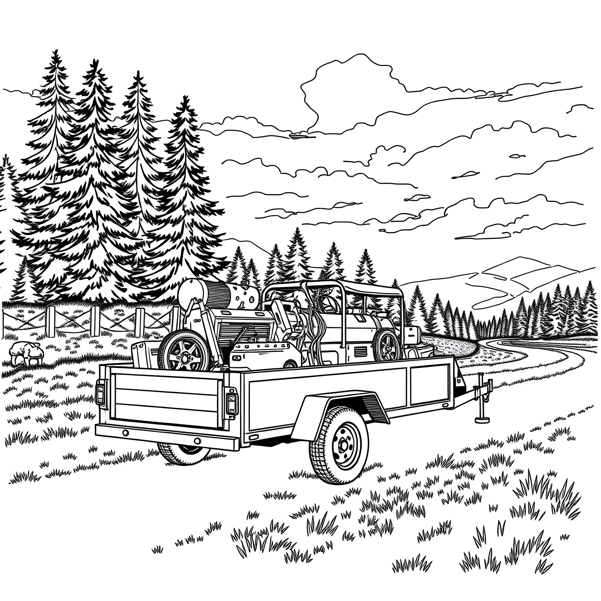 Car Trailer Transporting Goods in Forest Landscape Coloring Page (free black-and-white line drawing printable PDF for all, from beginners to advanced learners, including children, teens, adults, and seniors)