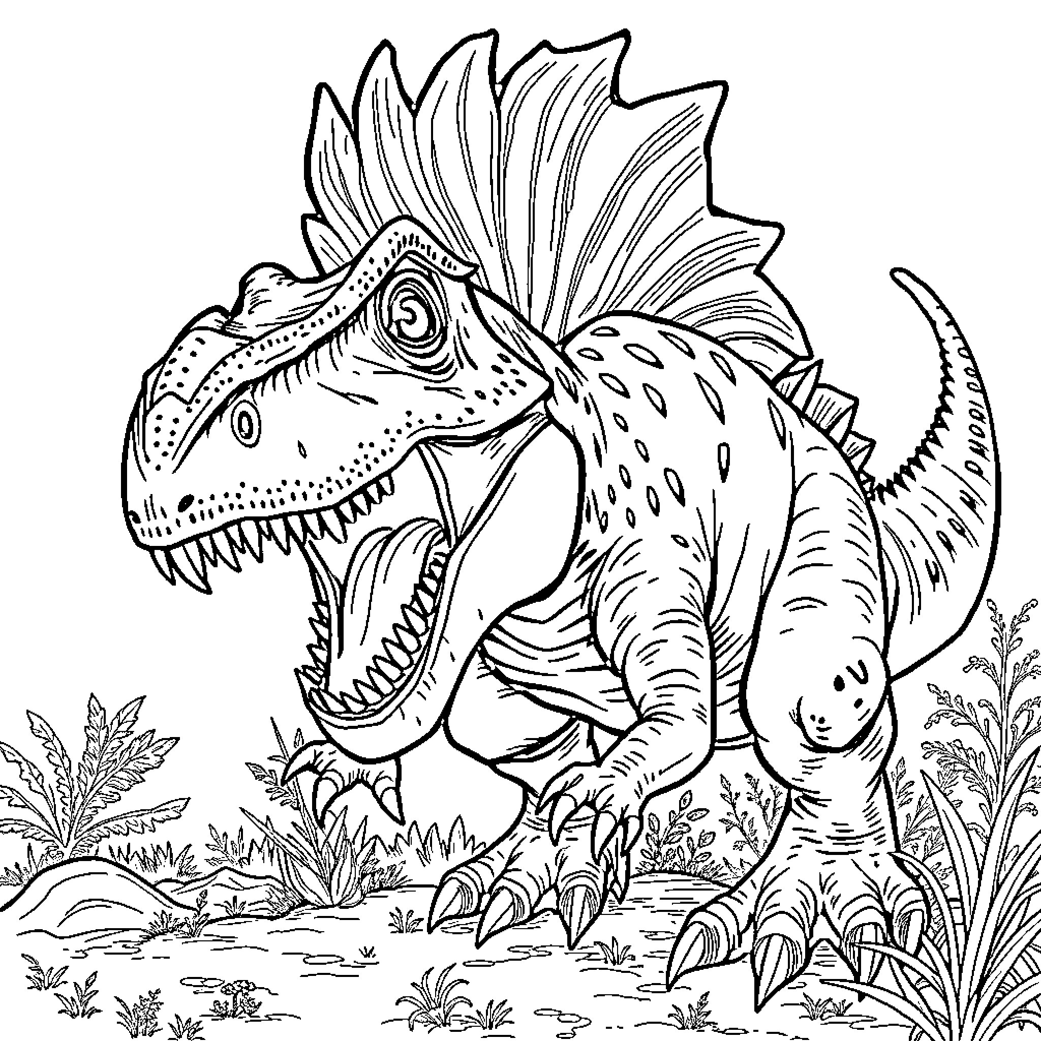 Dilophosaurus roaring in prehistoric landscape Coloring Page (free black-and-white line drawing printable PDF for all, from beginners to advanced learners, including children, teens, adults, and seniors)