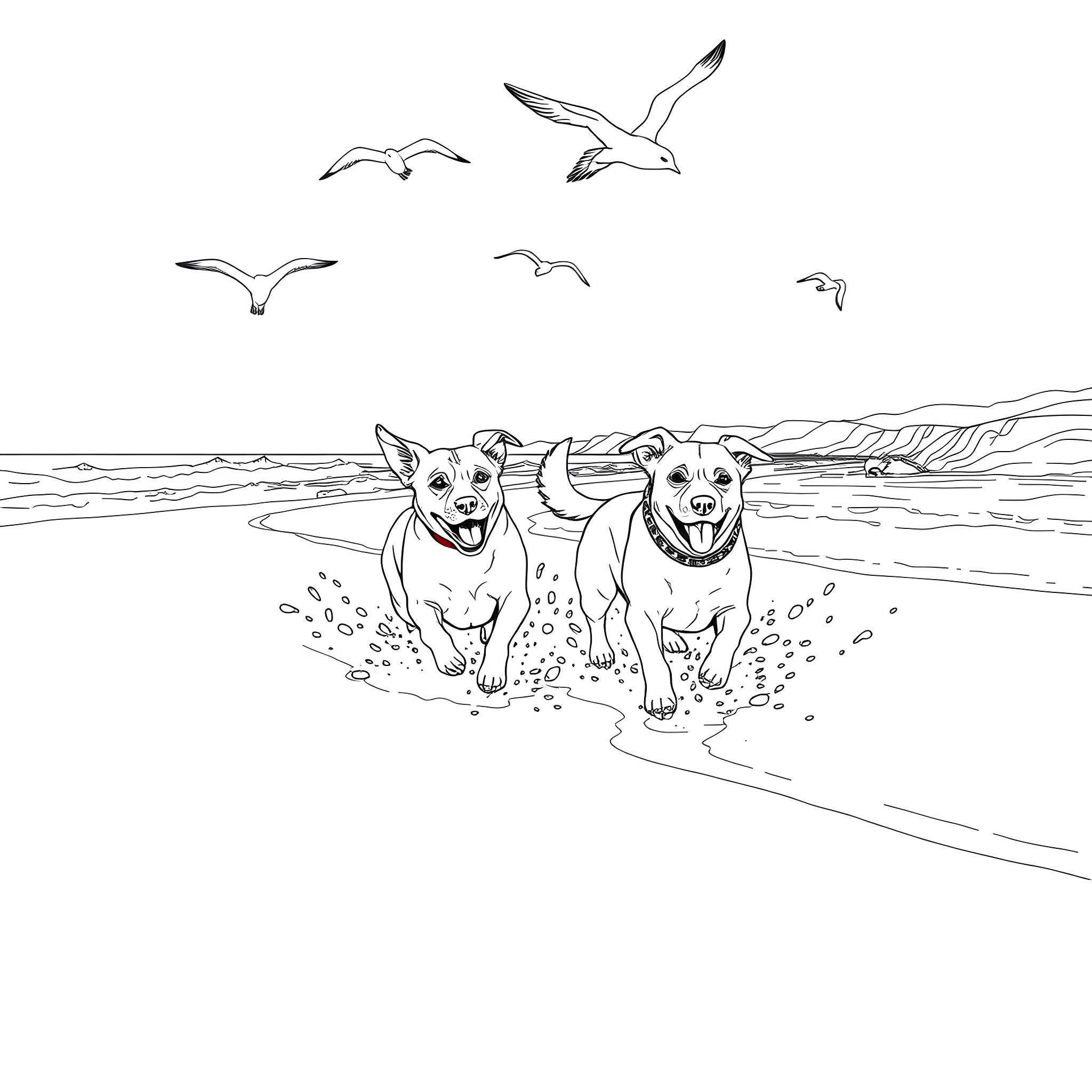 Dogs running happily on the beach Coloring Page (free black-and-white line drawing printable PDF for all, from beginners to advanced learners, including children, teens, adults, and seniors)