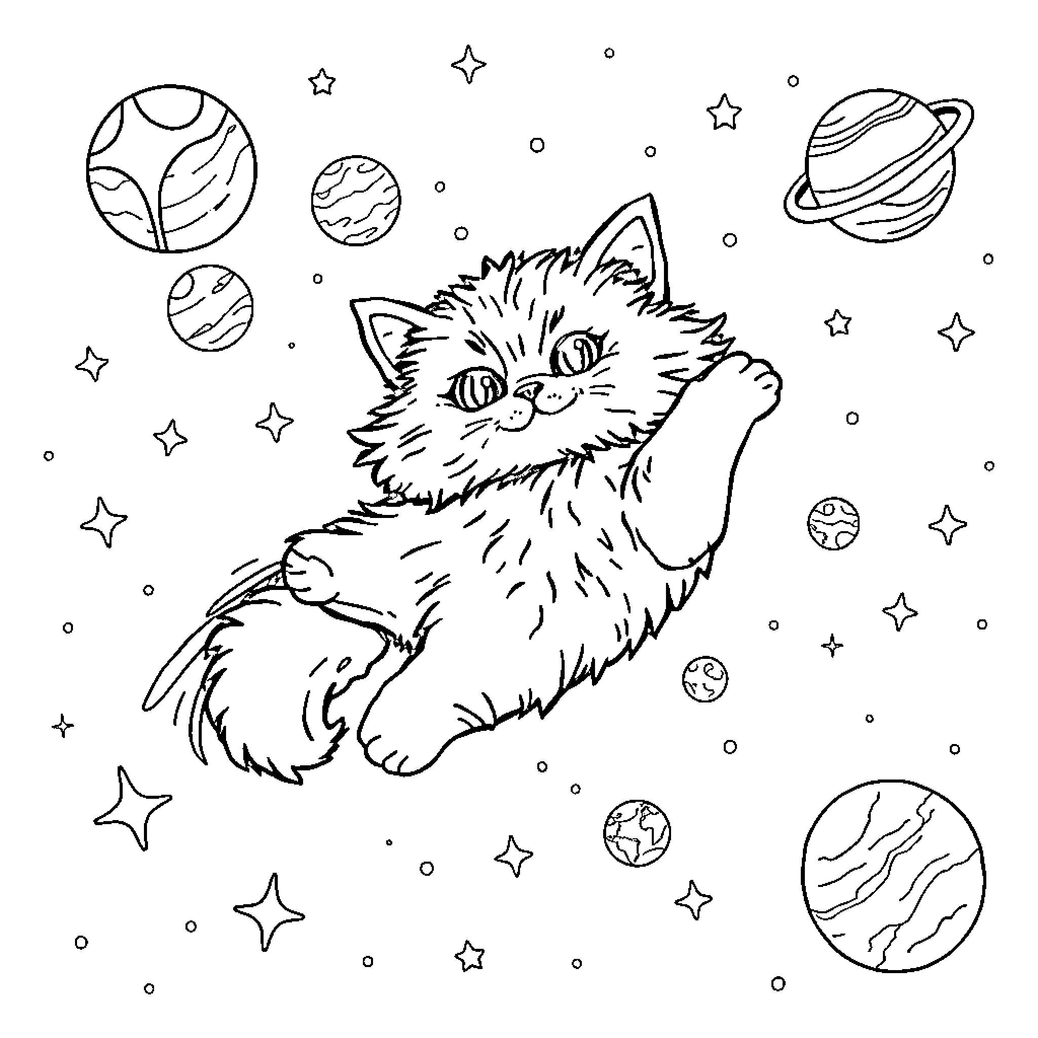 Cat exploring the cosmic universe Coloring Page (free black-and-white line drawing printable PDF for all, from beginners to advanced learners, including children, teens, adults, and seniors)