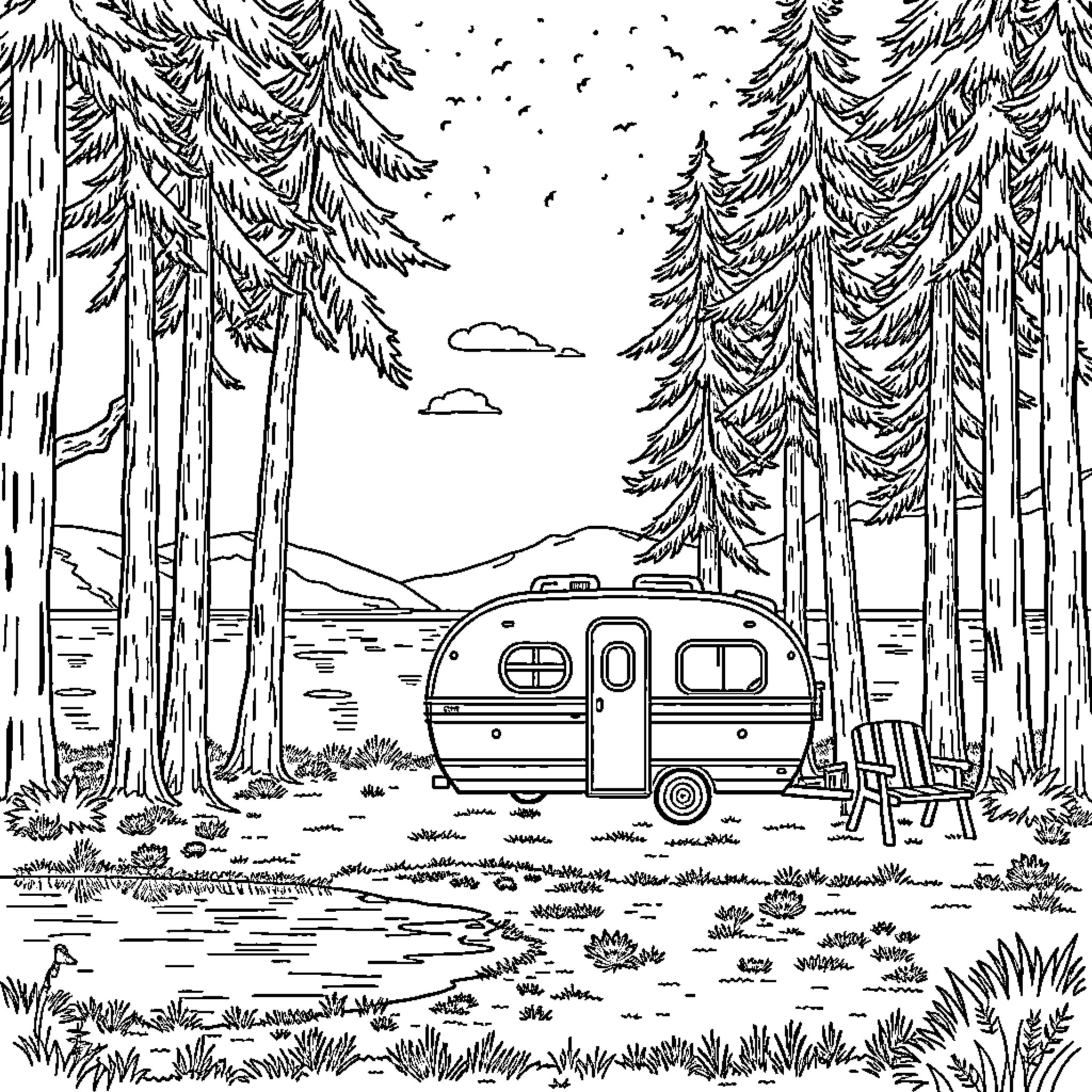 Caravan camping amidst the tranquil forest scenery Coloring Page (free black-and-white line drawing printable PDF for all, from beginners to advanced learners, including children, teens, adults, and seniors)