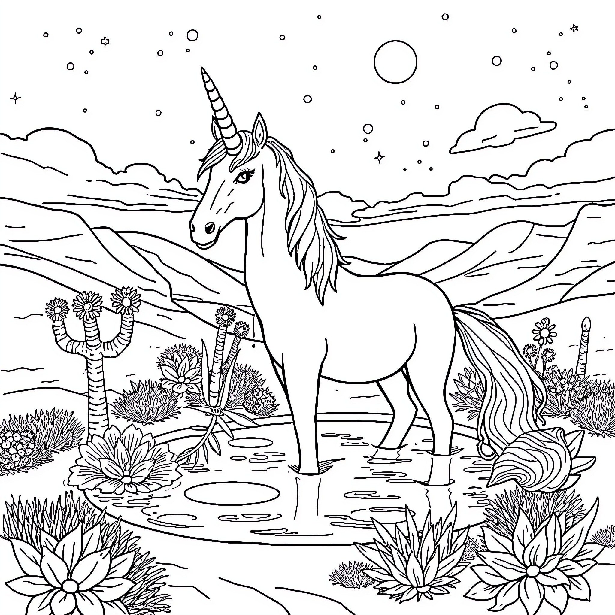 Unicorn standing in a magical landscape Coloring Page (free black-and-white line drawing printable PDF for all, from beginners to advanced learners, including children, teens, adults, and seniors)