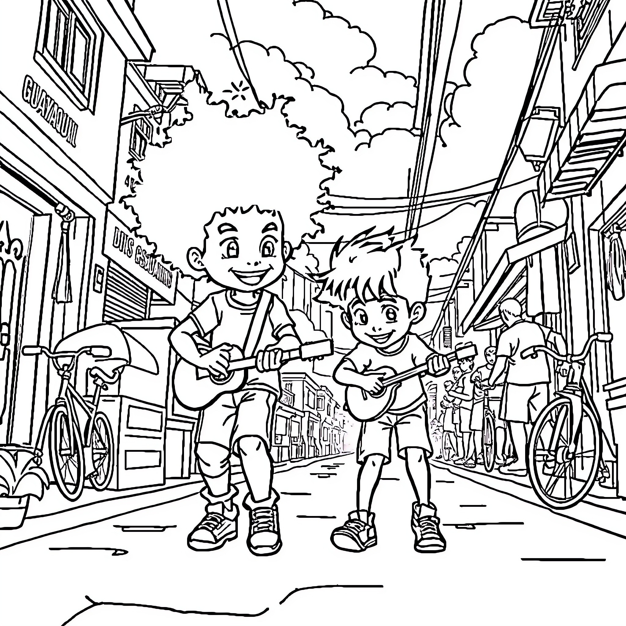 Chicos playing music and exploring the city Coloring Page (free black-and-white line drawing printable PDF for all, from beginners to advanced learners, including children, teens, adults, and seniors)