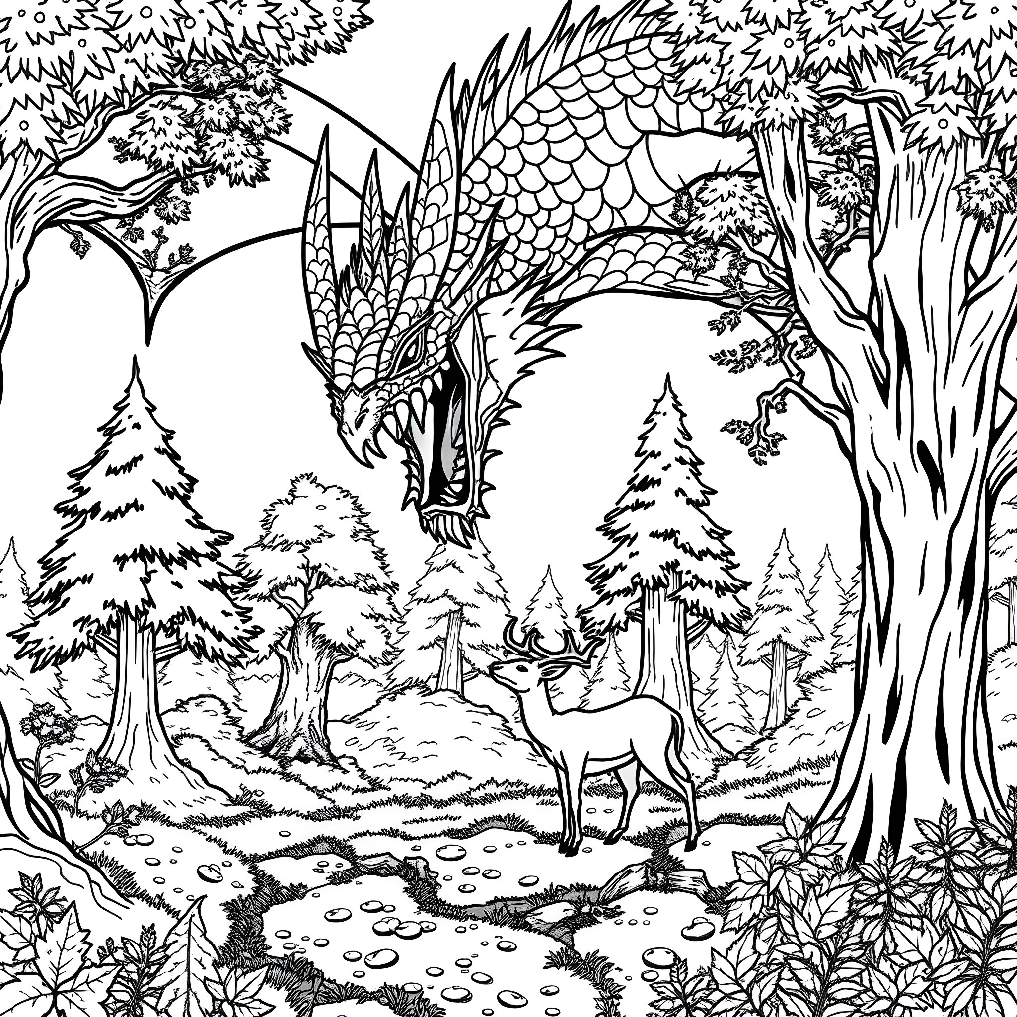 Dragon soaring over magical forest landscape Coloring Page (free black-and-white line drawing printable PDF for all, from beginners to advanced learners, including children, teens, adults, and seniors)