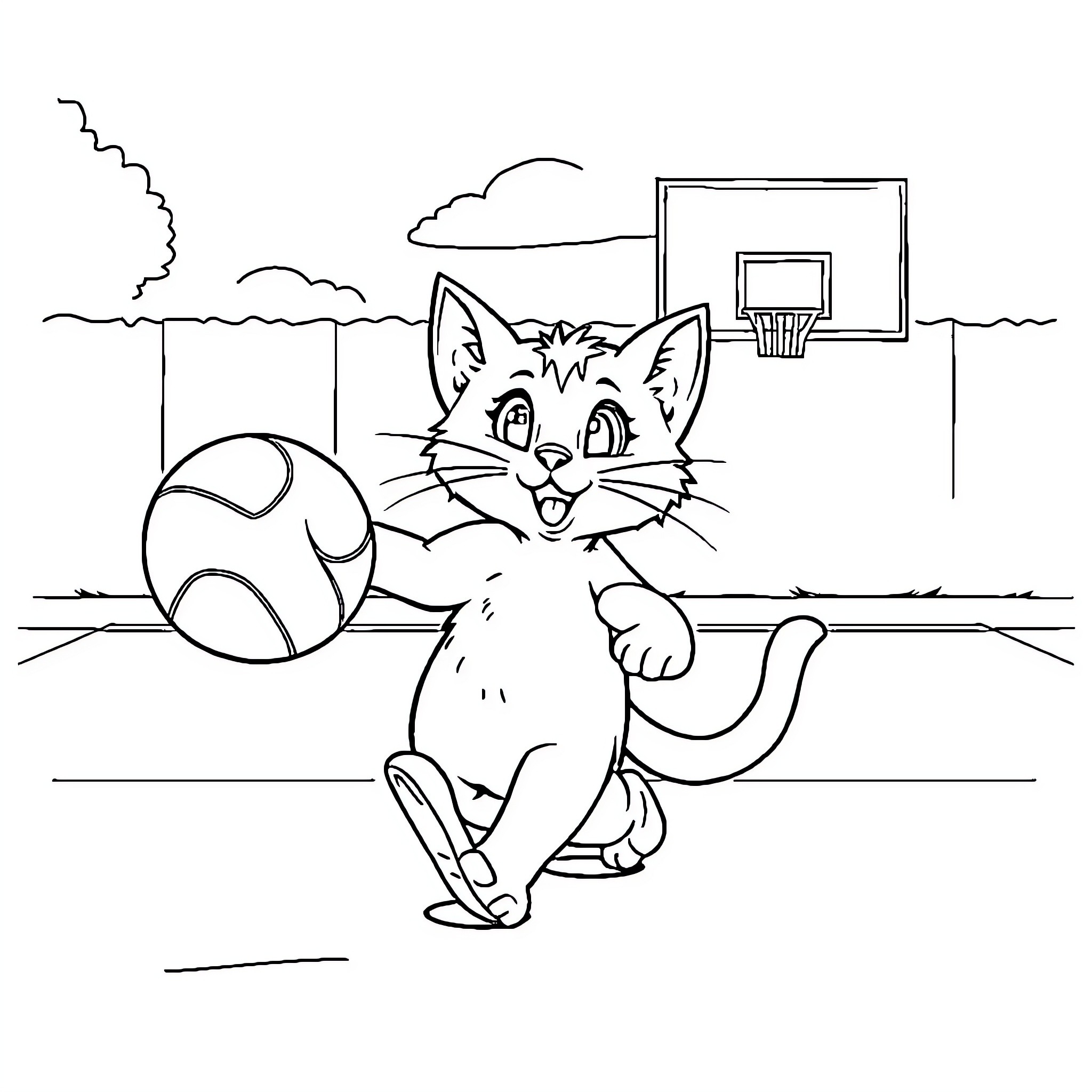 Cat playing with ball on basketball court Coloring Page (free black-and-white line drawing printable PDF for all, from beginners to advanced learners, including children, teens, adults, and seniors)