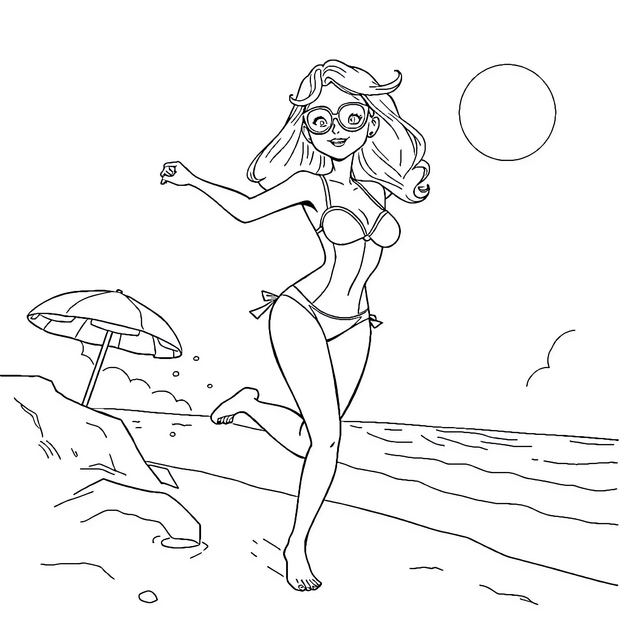 Elastigirl enjoying beach activities in swimwear Coloring Page (free black-and-white line drawing printable PDF for all, from beginners to advanced learners, including children, teens, adults, and seniors)