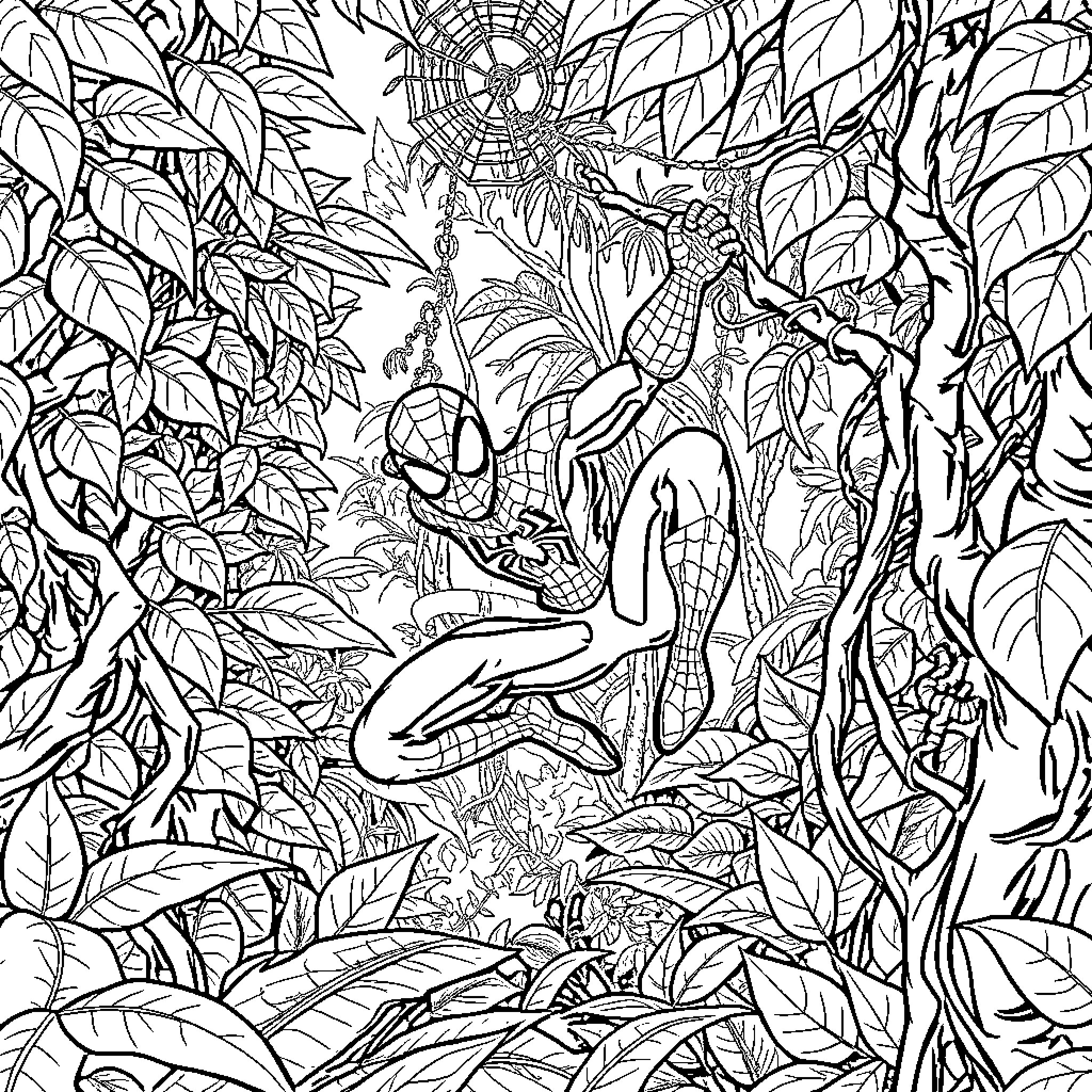 Spiderman swinging through the jungle with web-slinging action Coloring Page (free black-and-white line drawing printable PDF for all, from beginners to advanced learners, including children, teens, adults, and seniors)