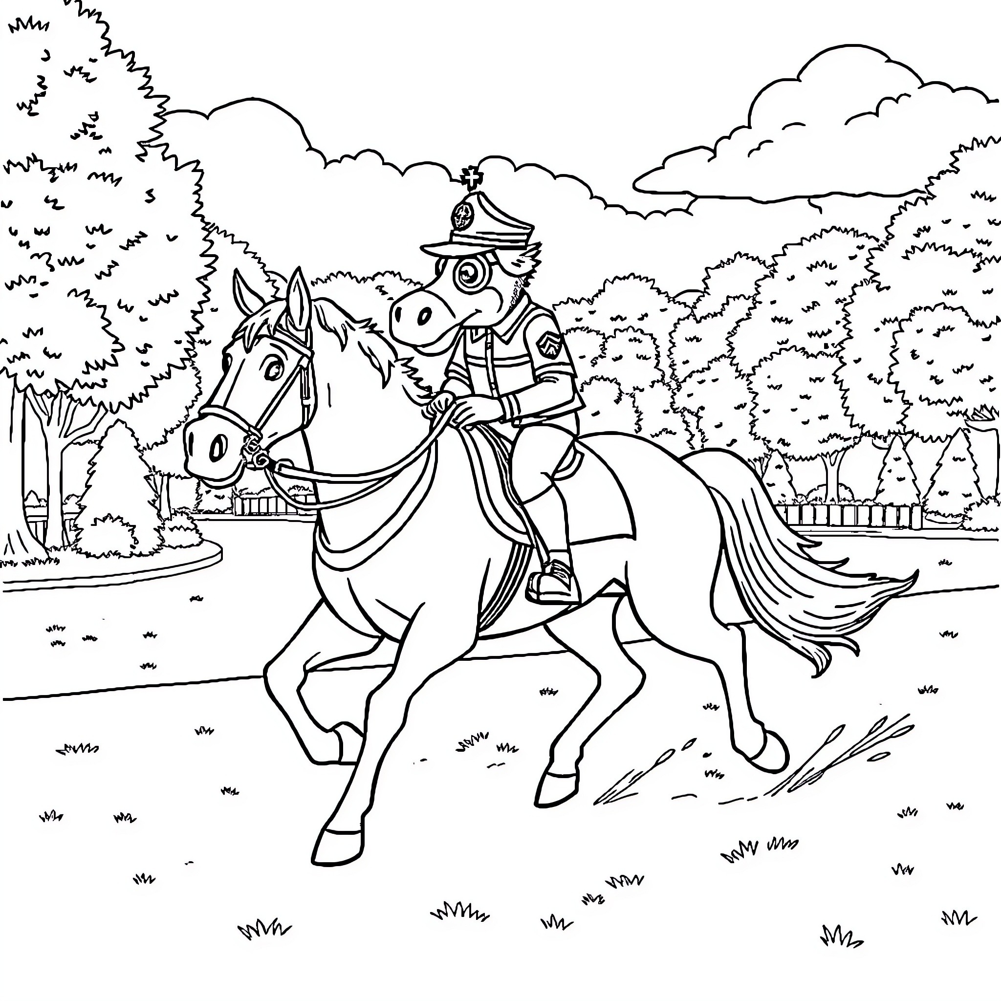 Paw Patrol character riding horse through forest Coloring Page (free black-and-white line drawing printable PDF for all, from beginners to advanced learners, including children, teens, adults, and seniors)