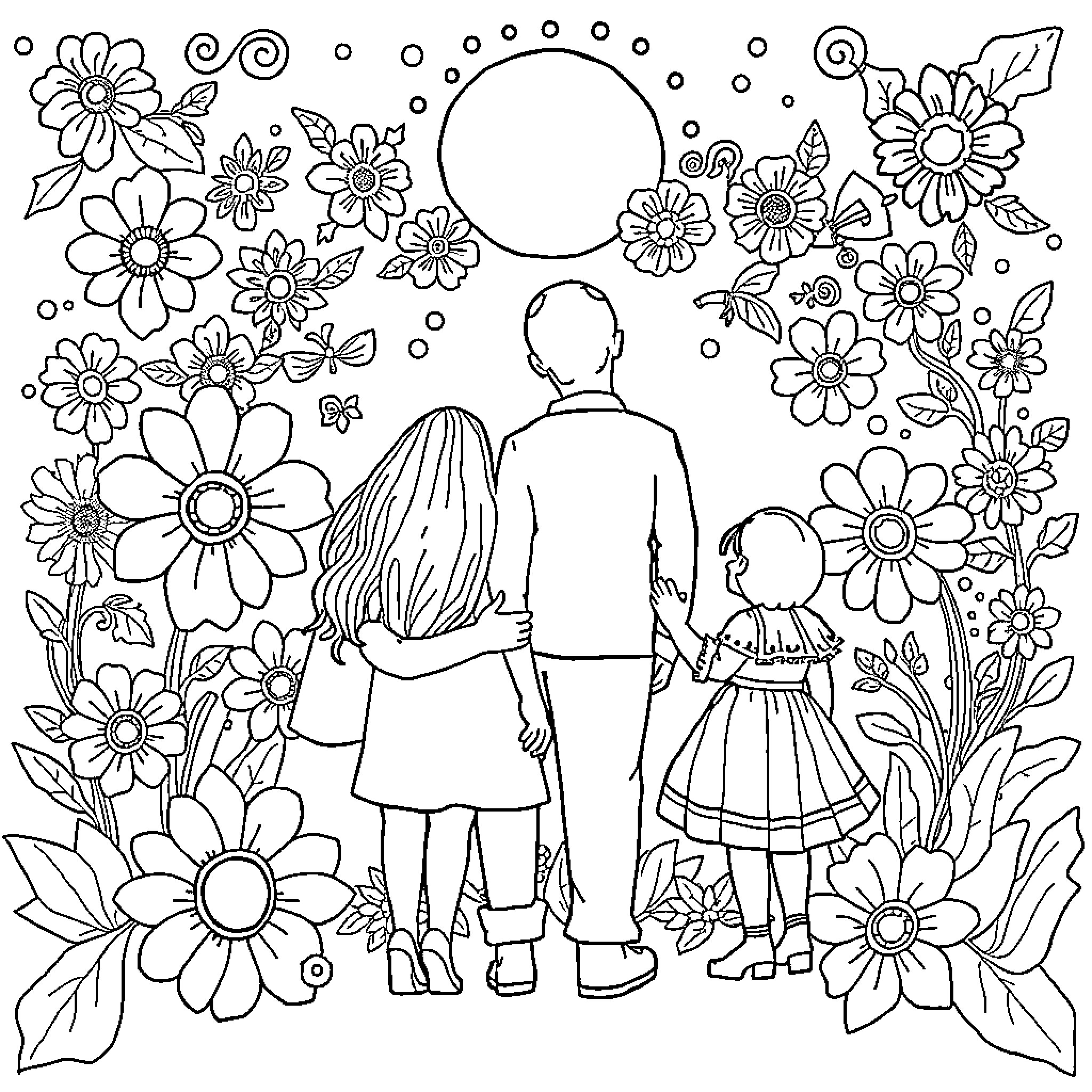 Book of family's shared moments surrounded by flowers Coloring Page (free black-and-white line drawing printable PDF for all, from beginners to advanced learners, including children, teens, adults, and seniors)