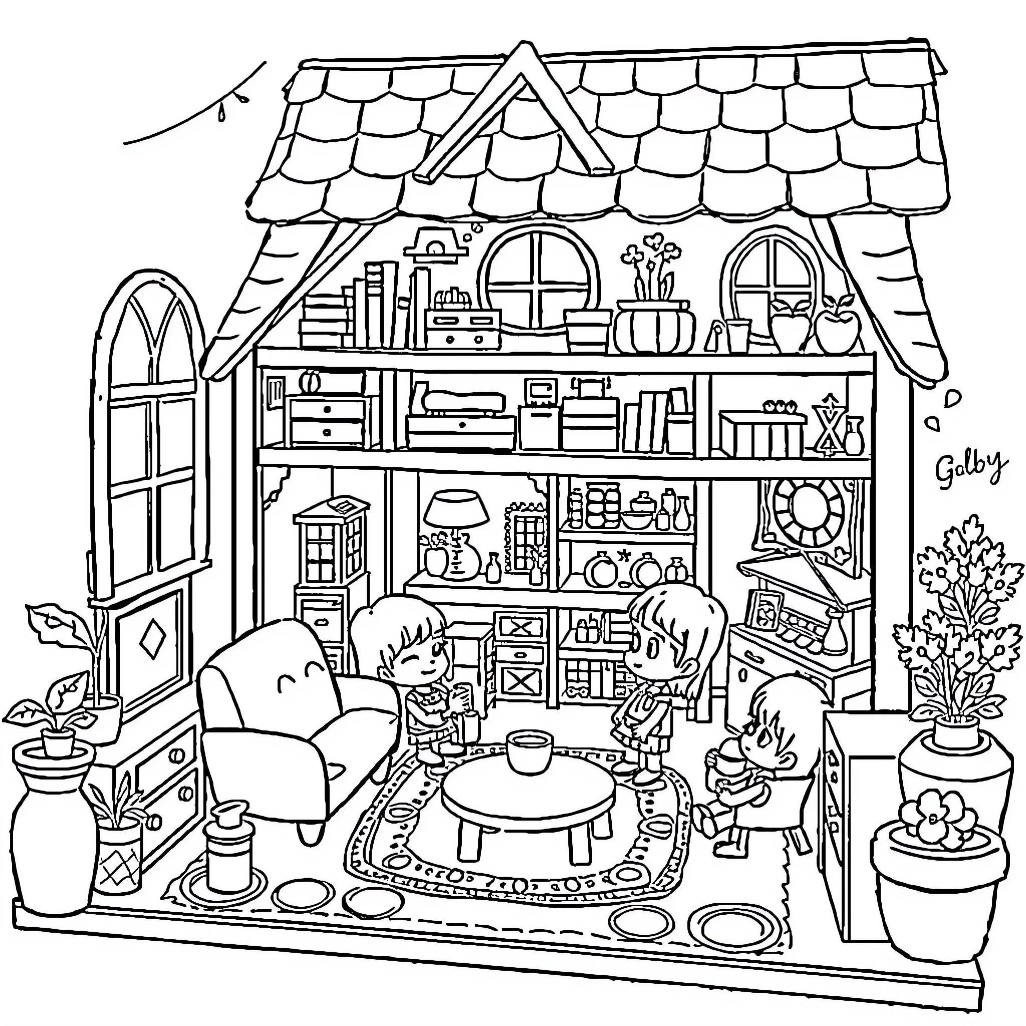 Dollhouse with Cozy Interior and Playful Characters Coloring Page (free black-and-white line drawing printable PDF for all, from beginners to advanced learners, including children, teens, adults, and seniors)