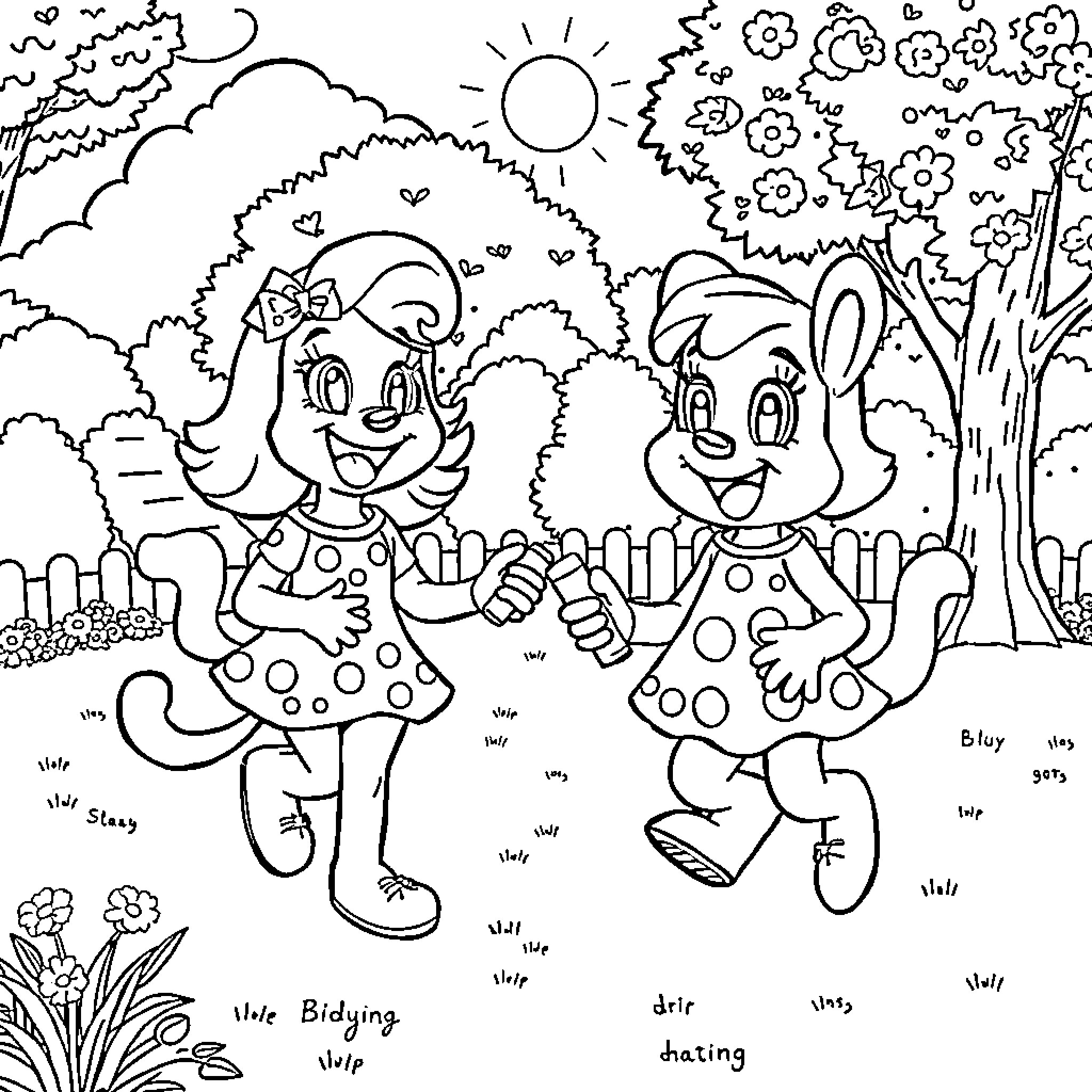Bingo: Two playful cartoon characters in nature Coloring Page (free black-and-white line drawing printable PDF for all, from beginners to advanced learners, including children, teens, adults, and seniors)