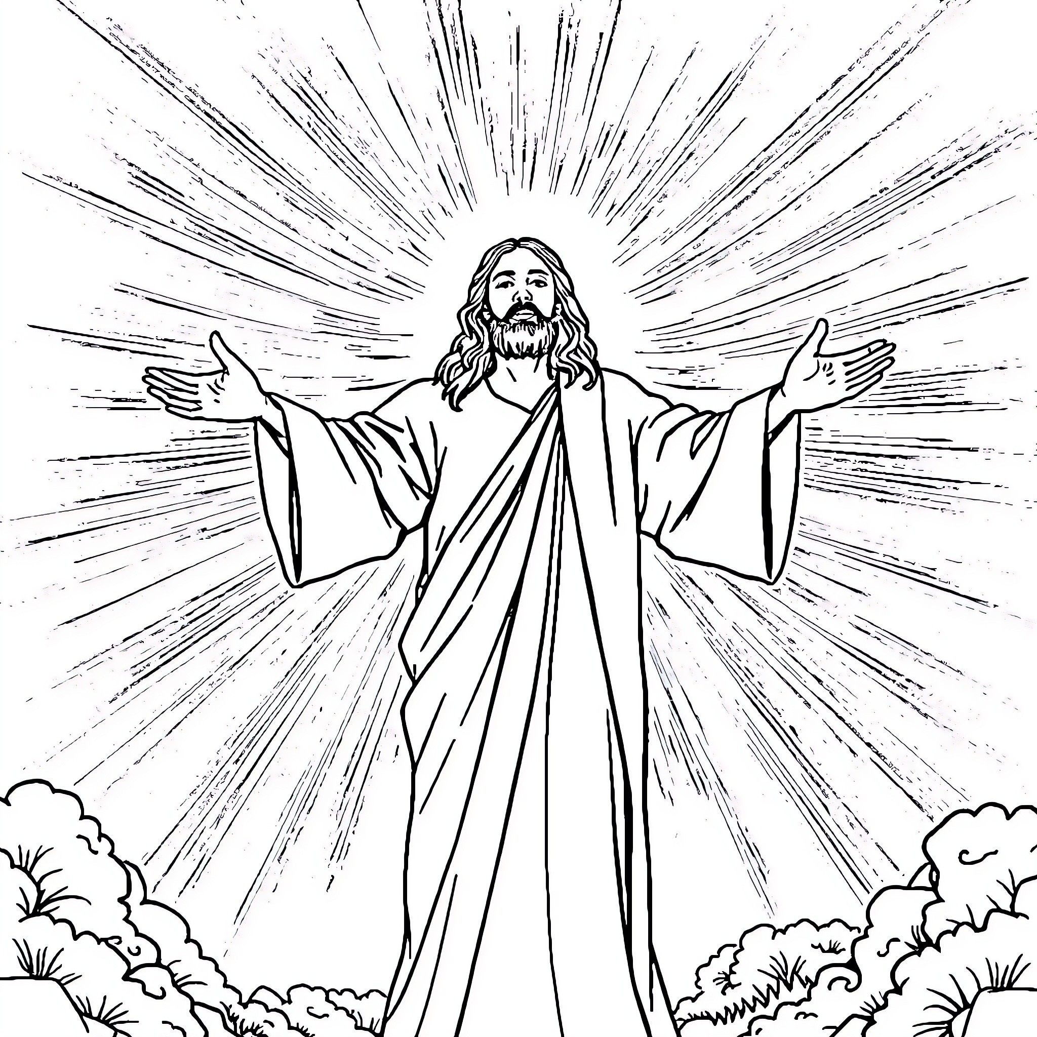 Jesus Triumphantly Raising His Arms Amidst Heavenly Light Coloring Page (free black-and-white line drawing printable PDF for all, from beginners to advanced learners, including children, teens, adults, and seniors)