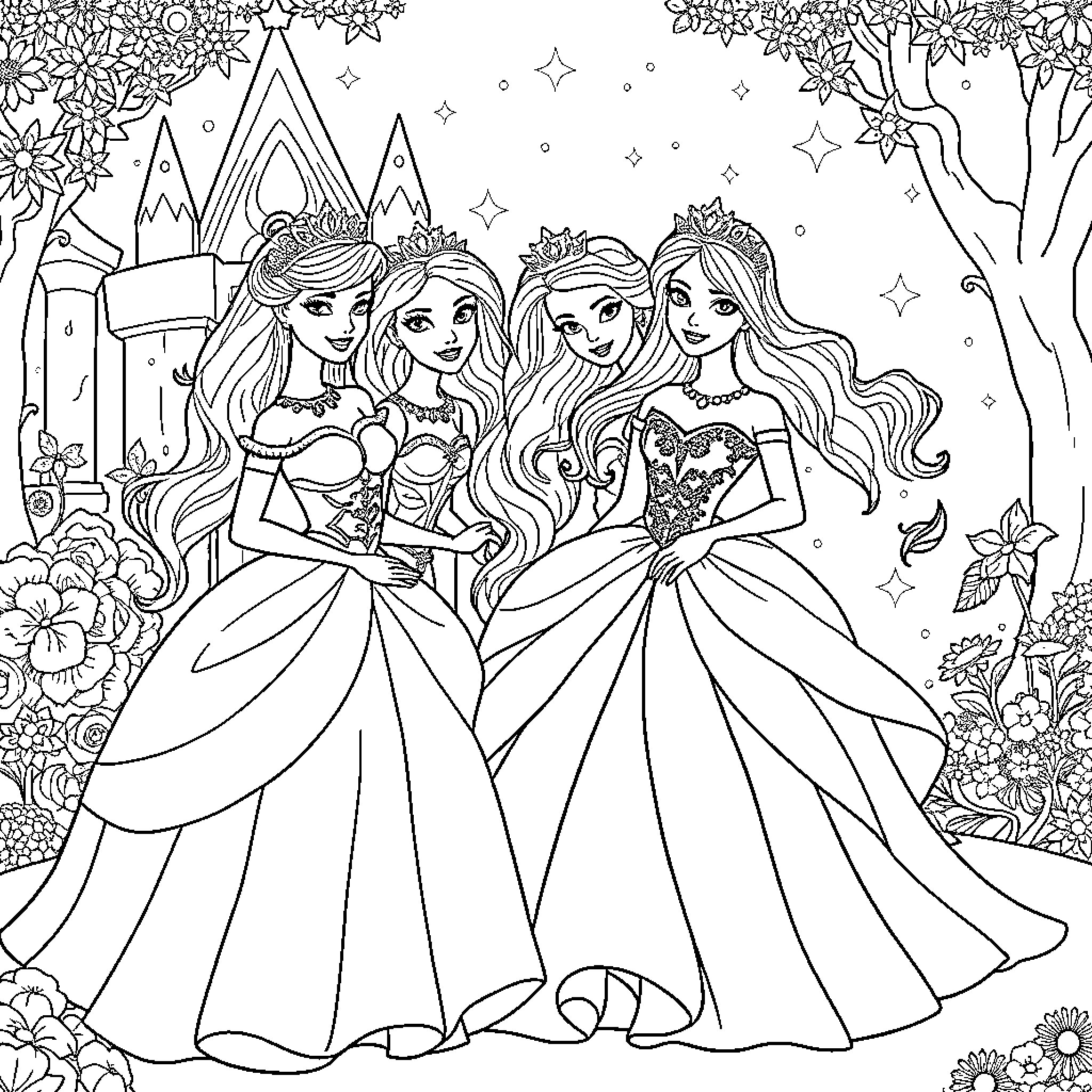 Barbie Princesses in a Magical Kingdom Coloring Page (free black-and-white line drawing printable PDF for all, from beginners to advanced learners, including children, teens, adults, and seniors)