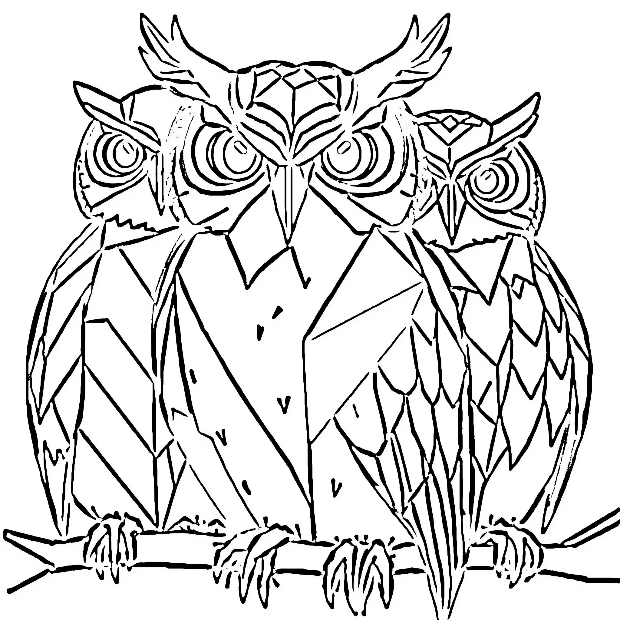 Owl trio on a branch Coloring Page (free black-and-white line drawing printable PDF for all, from beginners to advanced learners, including children, teens, adults, and seniors)