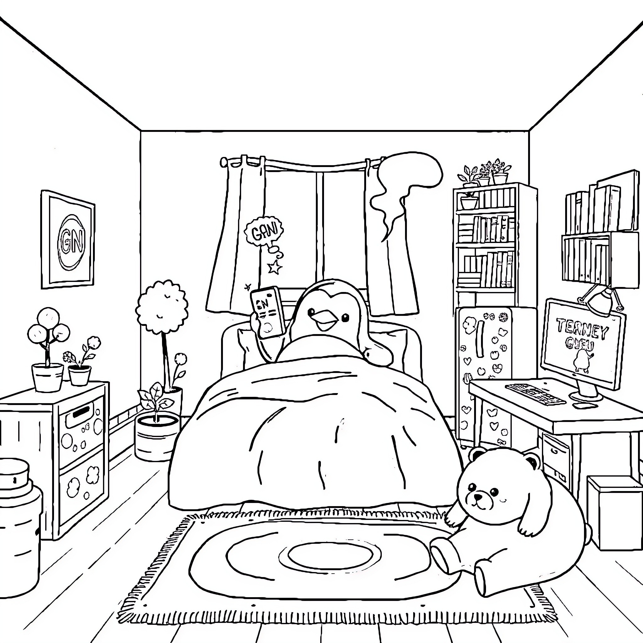 Penguin resting peacefully in a cozy bedroom Coloring Page (free black-and-white line drawing printable PDF for all, from beginners to advanced learners, including children, teens, adults, and seniors)