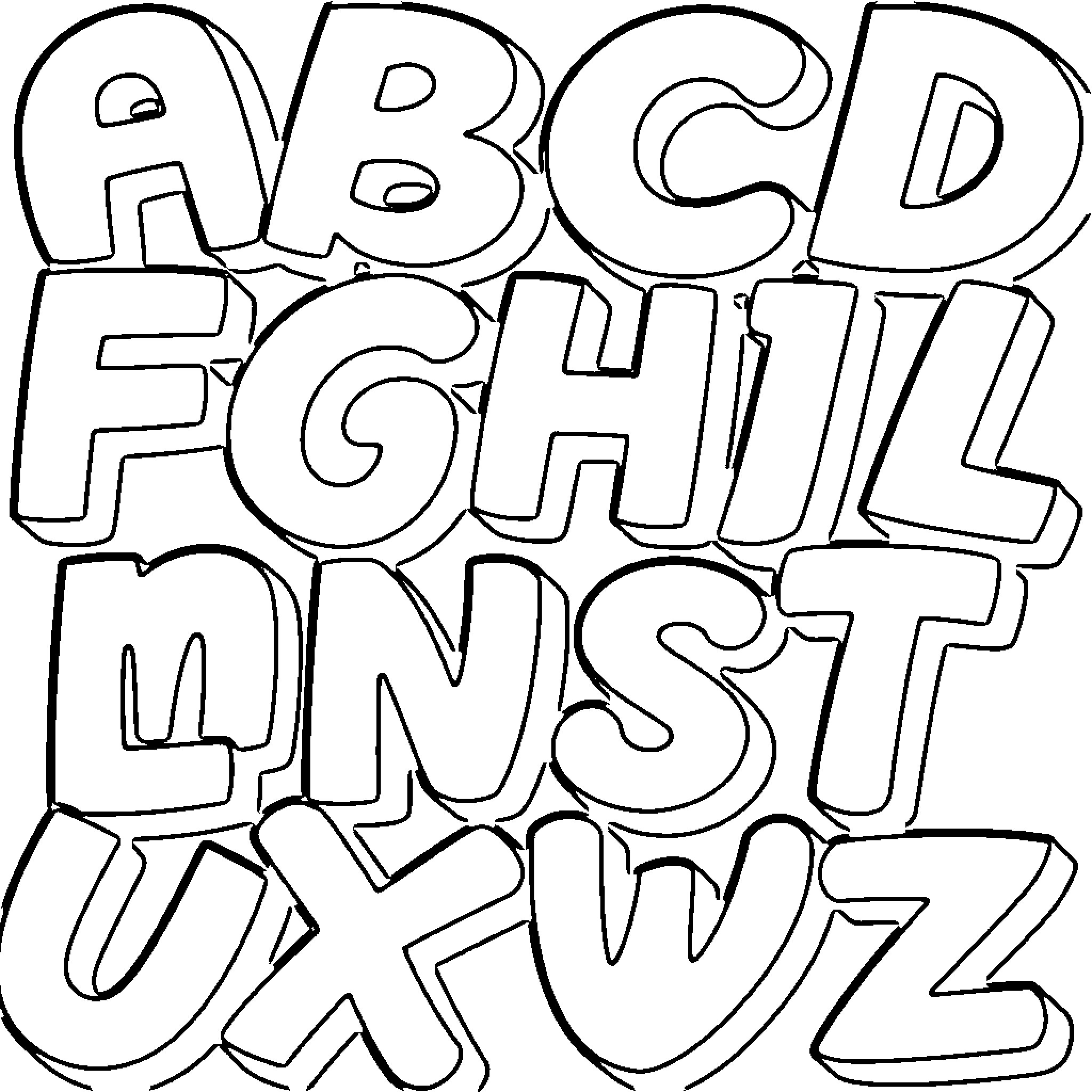 Alphabet letters with playful expressions Coloring Page (free black-and-white line drawing printable PDF for all, from beginners to advanced learners, including children, teens, adults, and seniors)