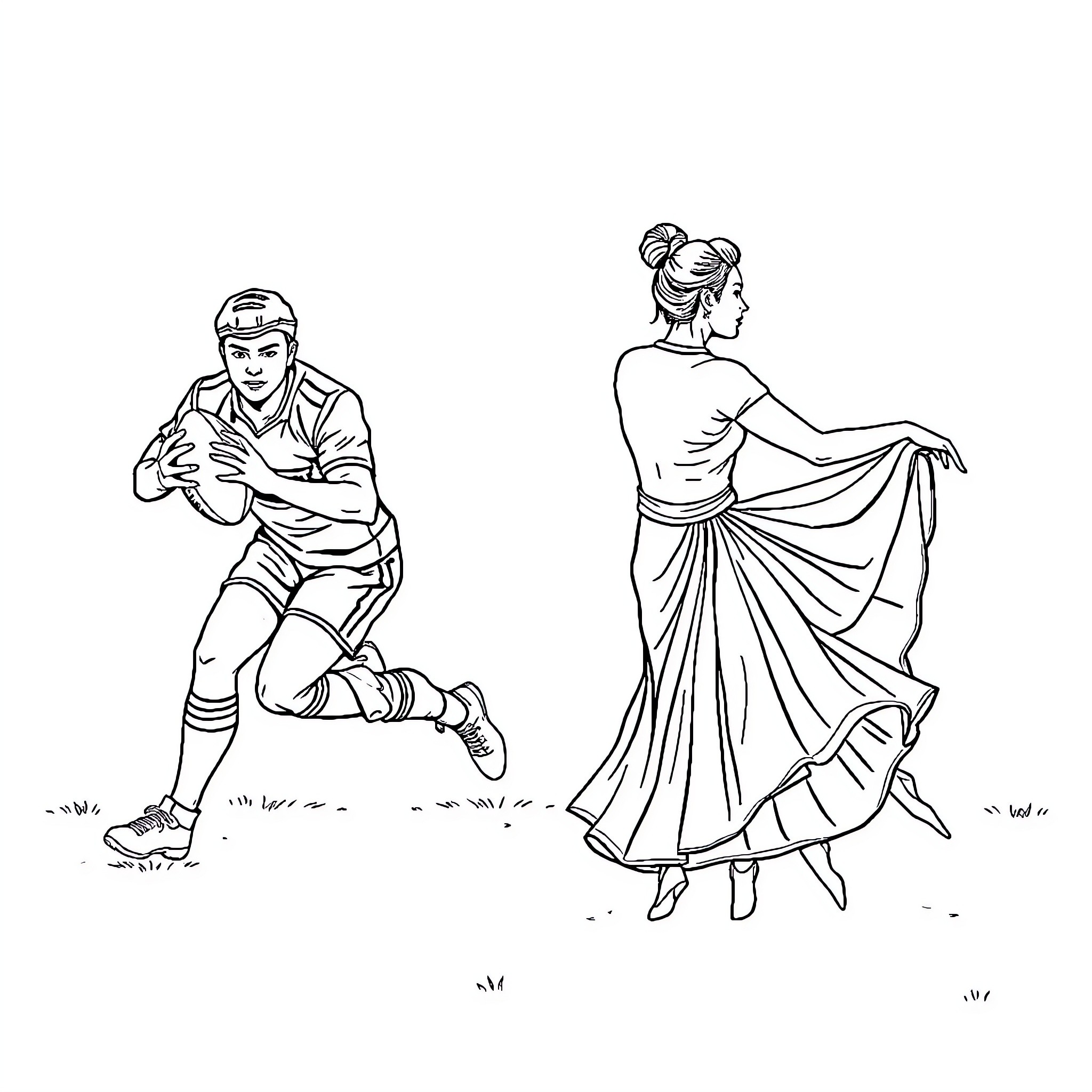 Rugby players in traditional cultural attire Coloring Page (free black-and-white line drawing printable PDF for all, from beginners to advanced learners, including children, teens, adults, and seniors)