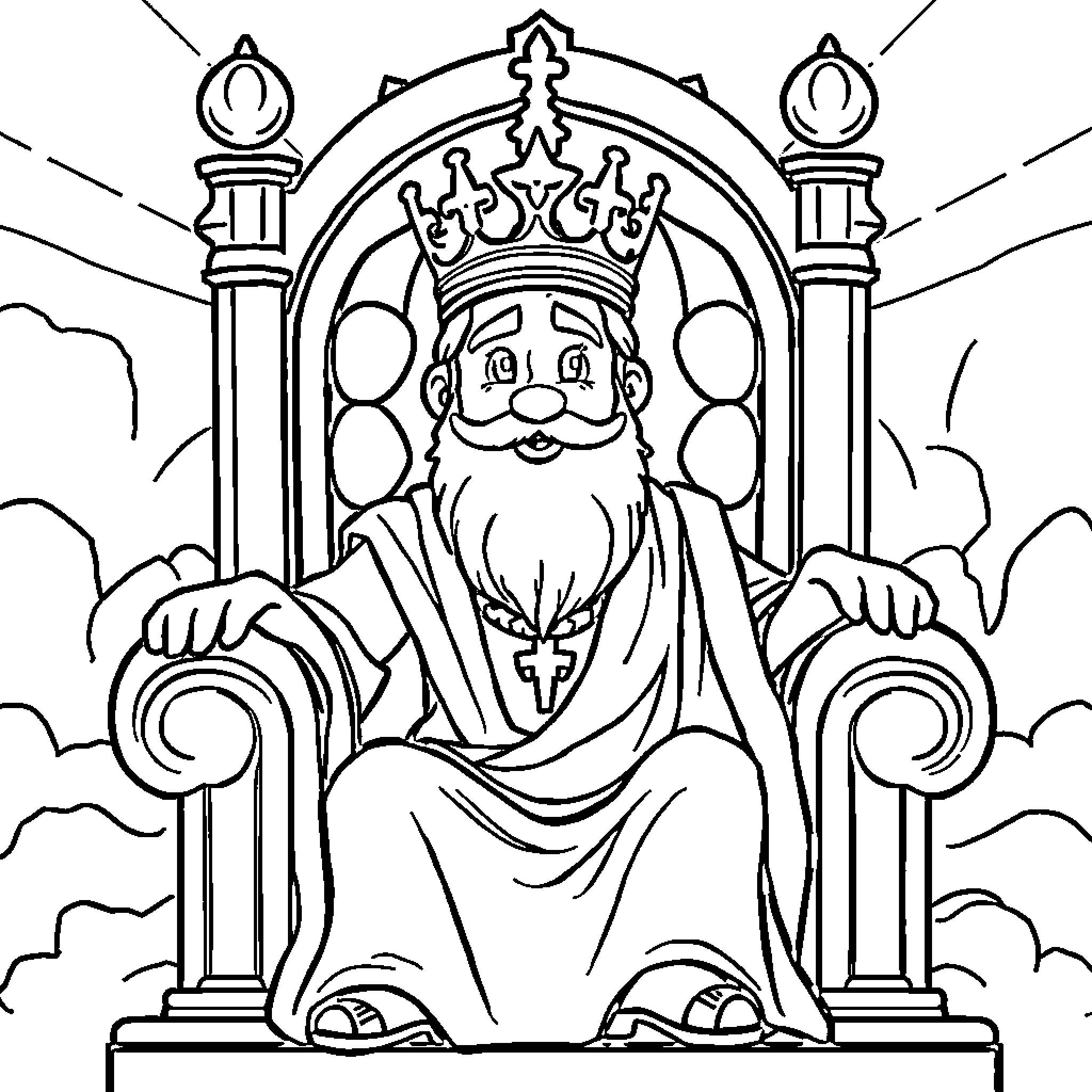 King sitting on the majestic throne Coloring Page (free black-and-white line drawing printable PDF for all, from beginners to advanced learners, including children, teens, adults, and seniors)