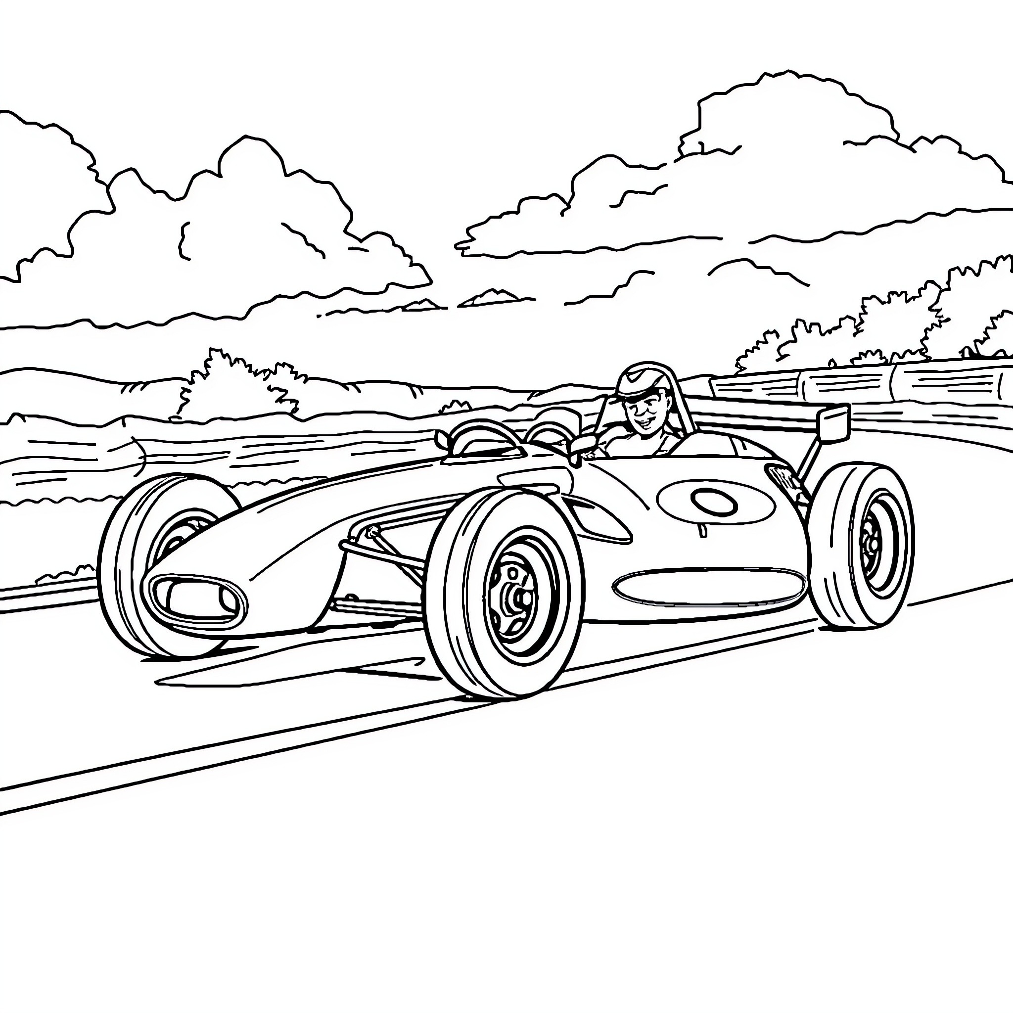 Car racing on a winding track through the countryside Coloring Page (free black-and-white line drawing printable PDF for all, from beginners to advanced learners, including children, teens, adults, and seniors)