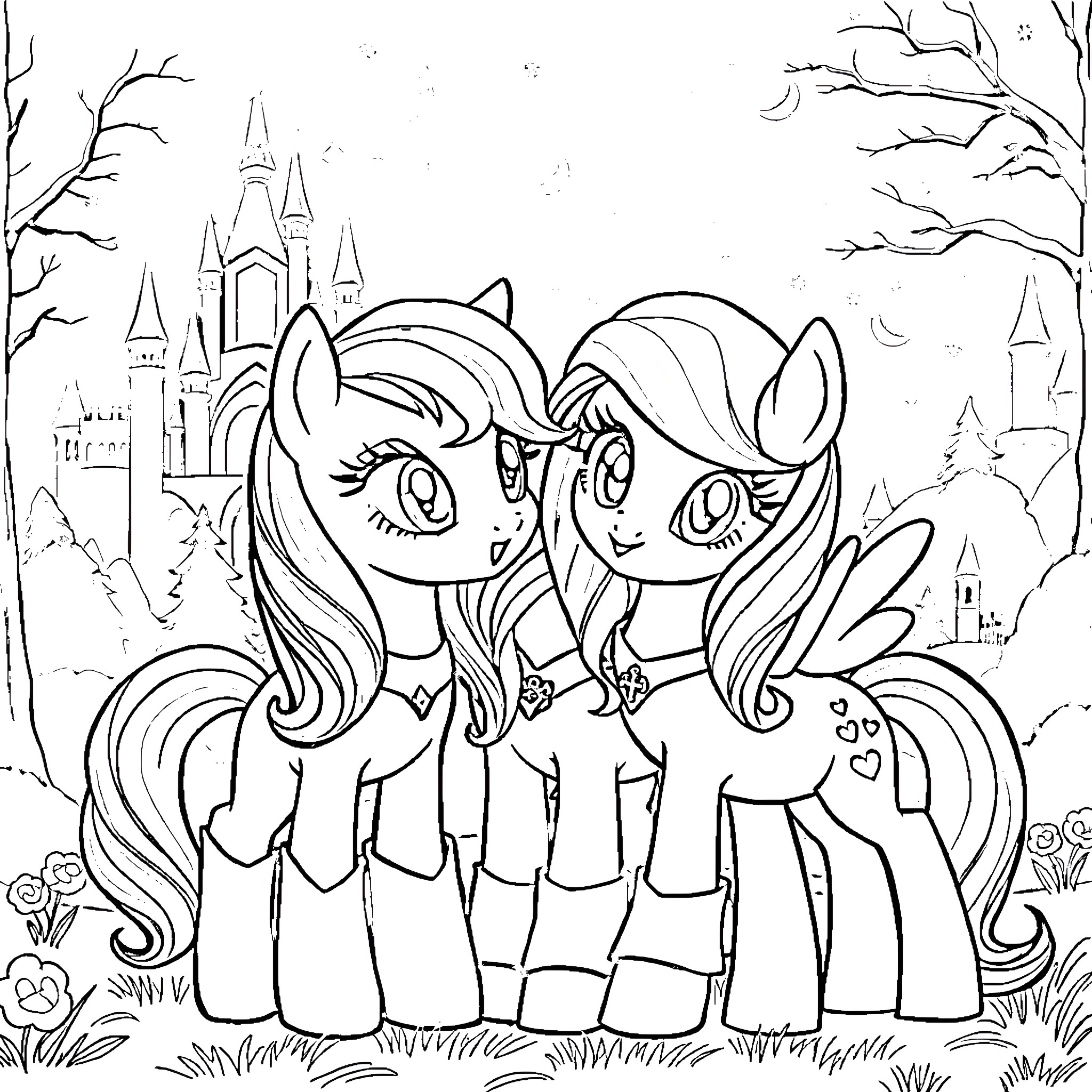 My Little Pony friends explore magical castle Coloring Page (free black-and-white line drawing printable PDF for all, from beginners to advanced learners, including children, teens, adults, and seniors)
