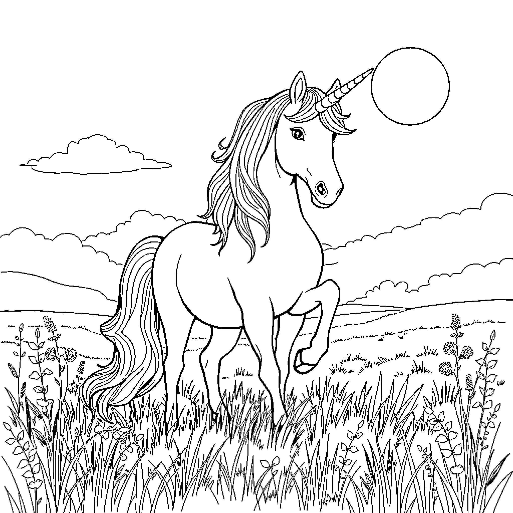 Unicorn standing gracefully in a meadow Coloring Page (free black-and-white line drawing printable PDF for all, from beginners to advanced learners, including children, teens, adults, and seniors)