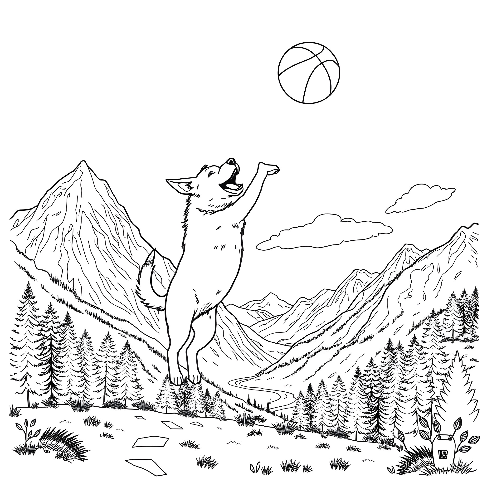 Dog playing with ball in the mountain landscape Coloring Page (free black-and-white line drawing printable PDF for all, from beginners to advanced learners, including children, teens, adults, and seniors)