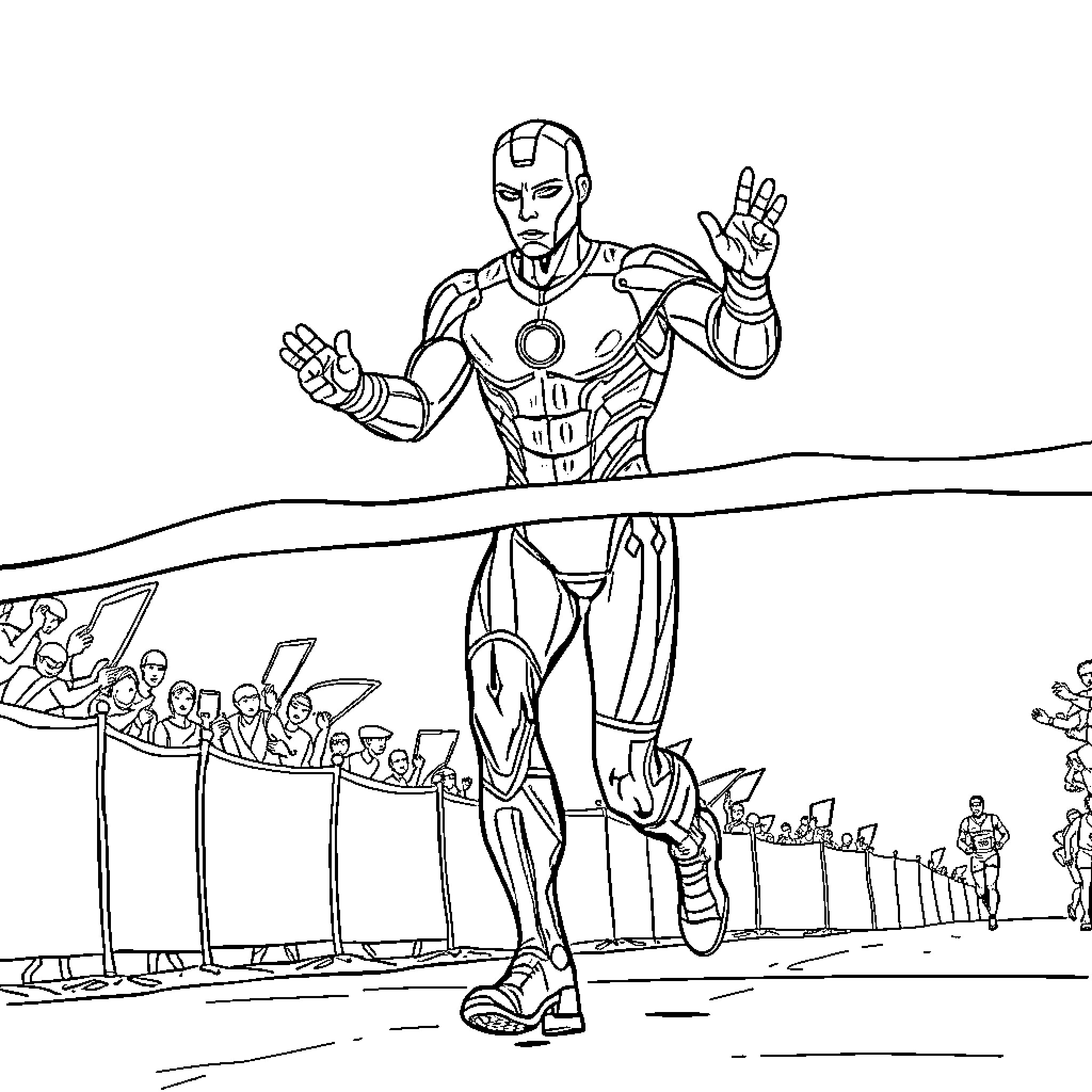 Ironman standing heroically on stage Coloring Page (free black-and-white line drawing printable PDF for all, from beginners to advanced learners, including children, teens, adults, and seniors)