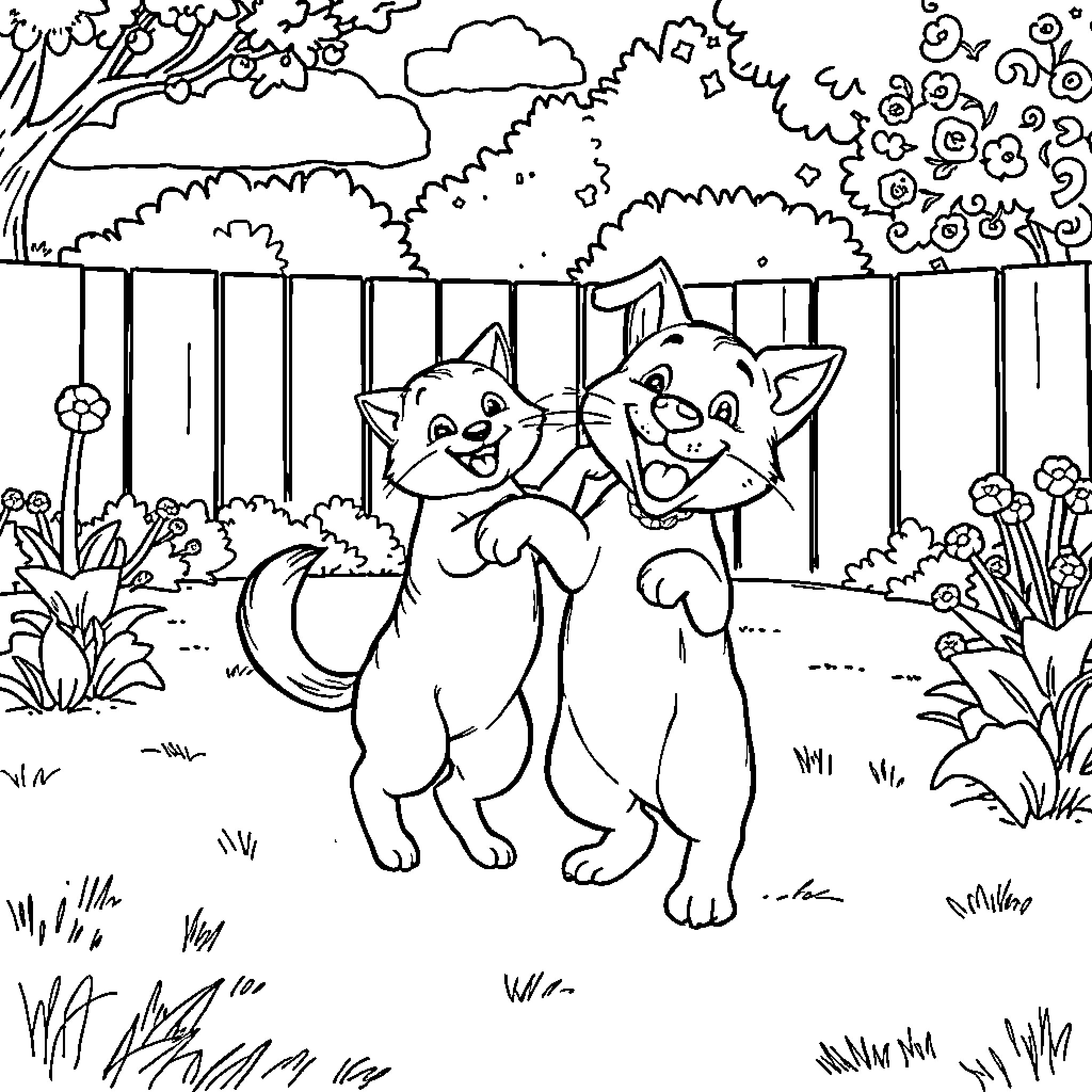 Cats Playing Together in the Garden Coloring Page (free black-and-white line drawing printable PDF for all, from beginners to advanced learners, including children, teens, adults, and seniors)