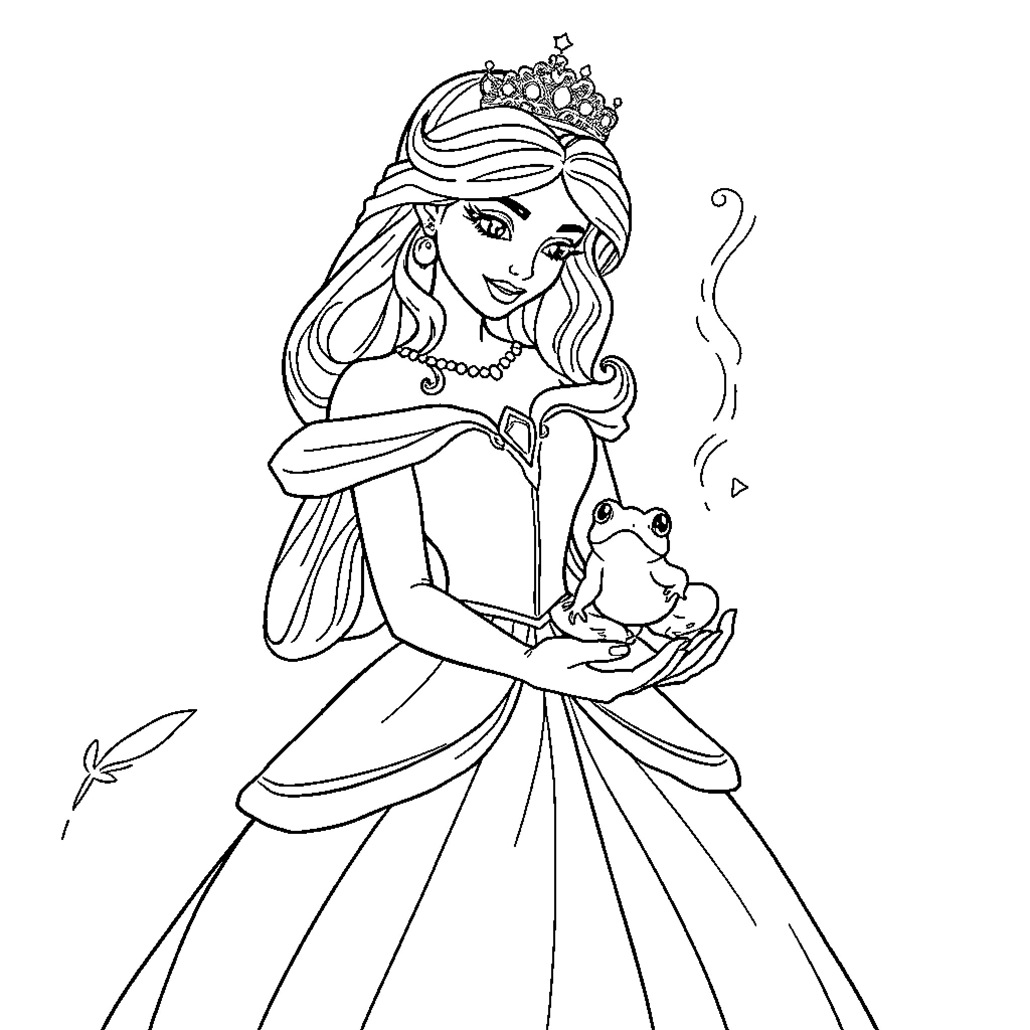Princess Holding a Frog in Elegant Dress Coloring Page (free black-and-white line drawing printable PDF for all, from beginners to advanced learners, including children, teens, adults, and seniors)