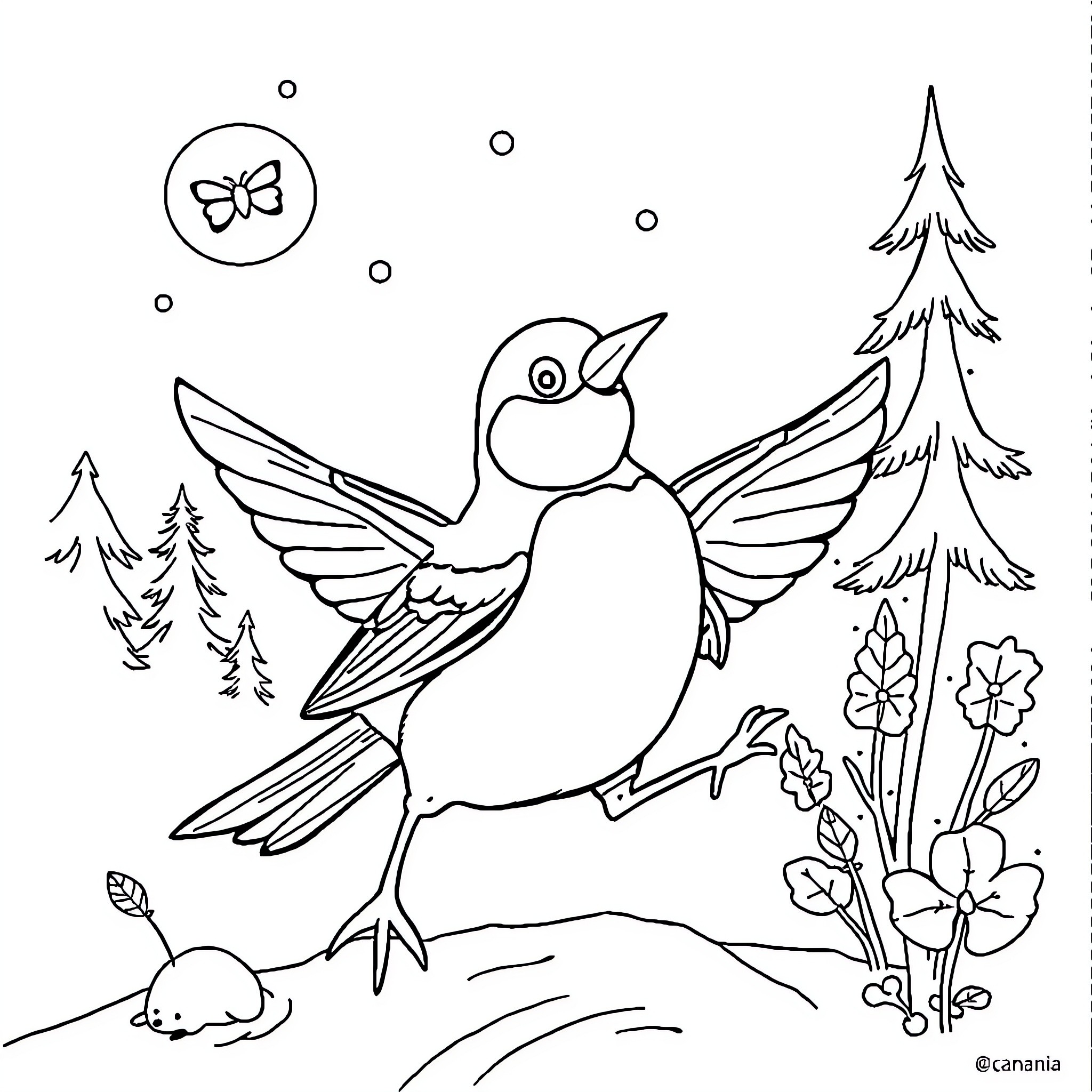 Paw Patrol Hummingbird Flying in Forest Coloring Page (free black-and-white line drawing printable PDF for all, from beginners to advanced learners, including children, teens, adults, and seniors)