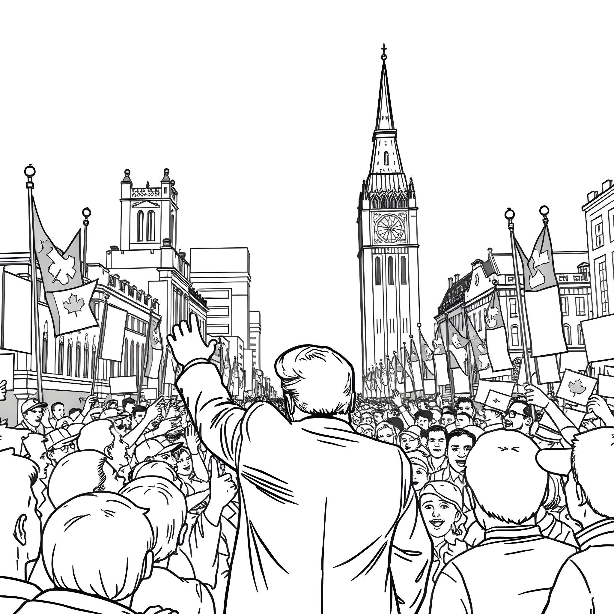 Trump addressing a crowd in front of iconic landmarks Coloring Page (free black-and-white line drawing printable PDF for all, from beginners to advanced learners, including children, teens, adults, and seniors)