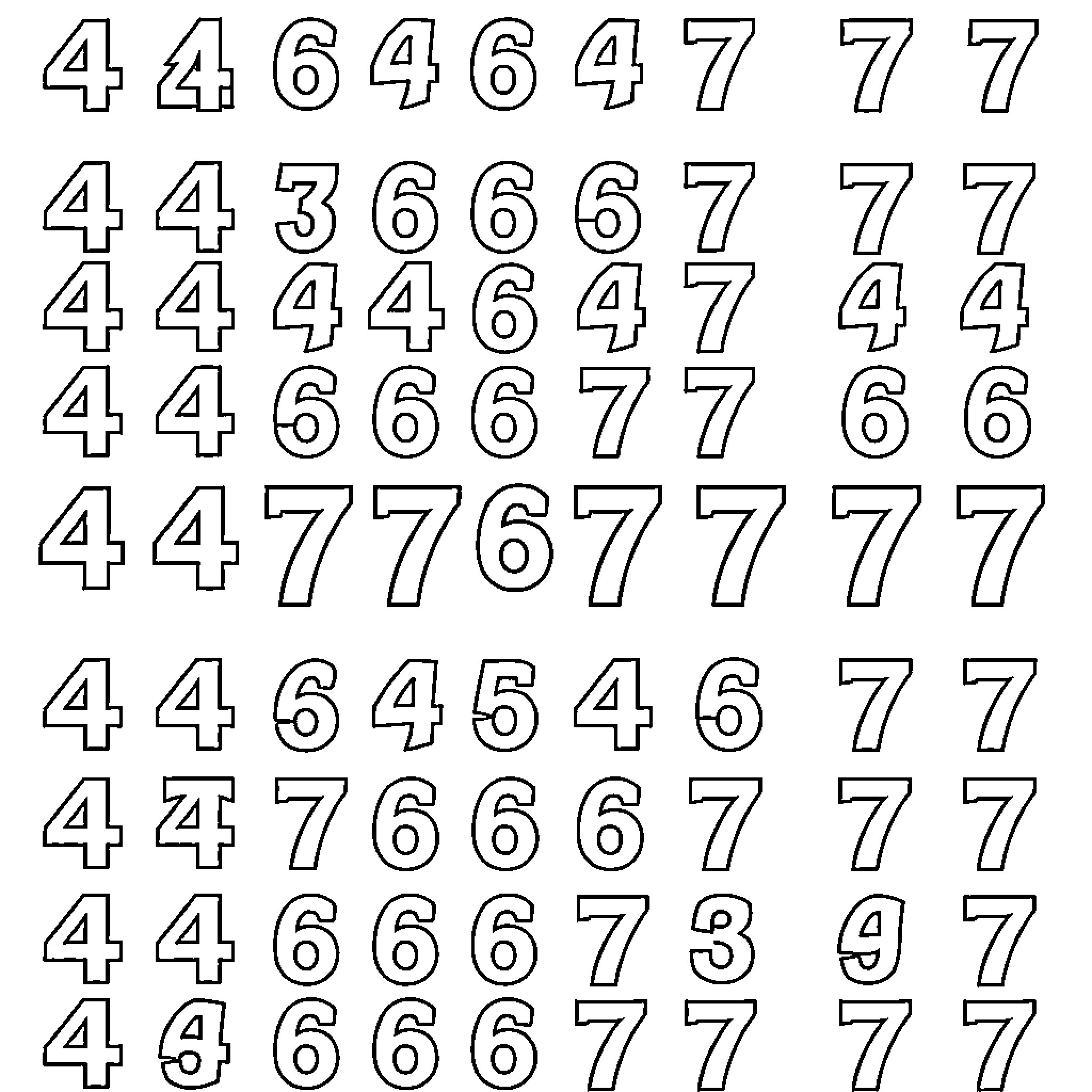 Number Patterns of Repeated Digits Coloring Page (free black-and-white line drawing printable PDF for all, from beginners to advanced learners, including children, teens, adults, and seniors)
