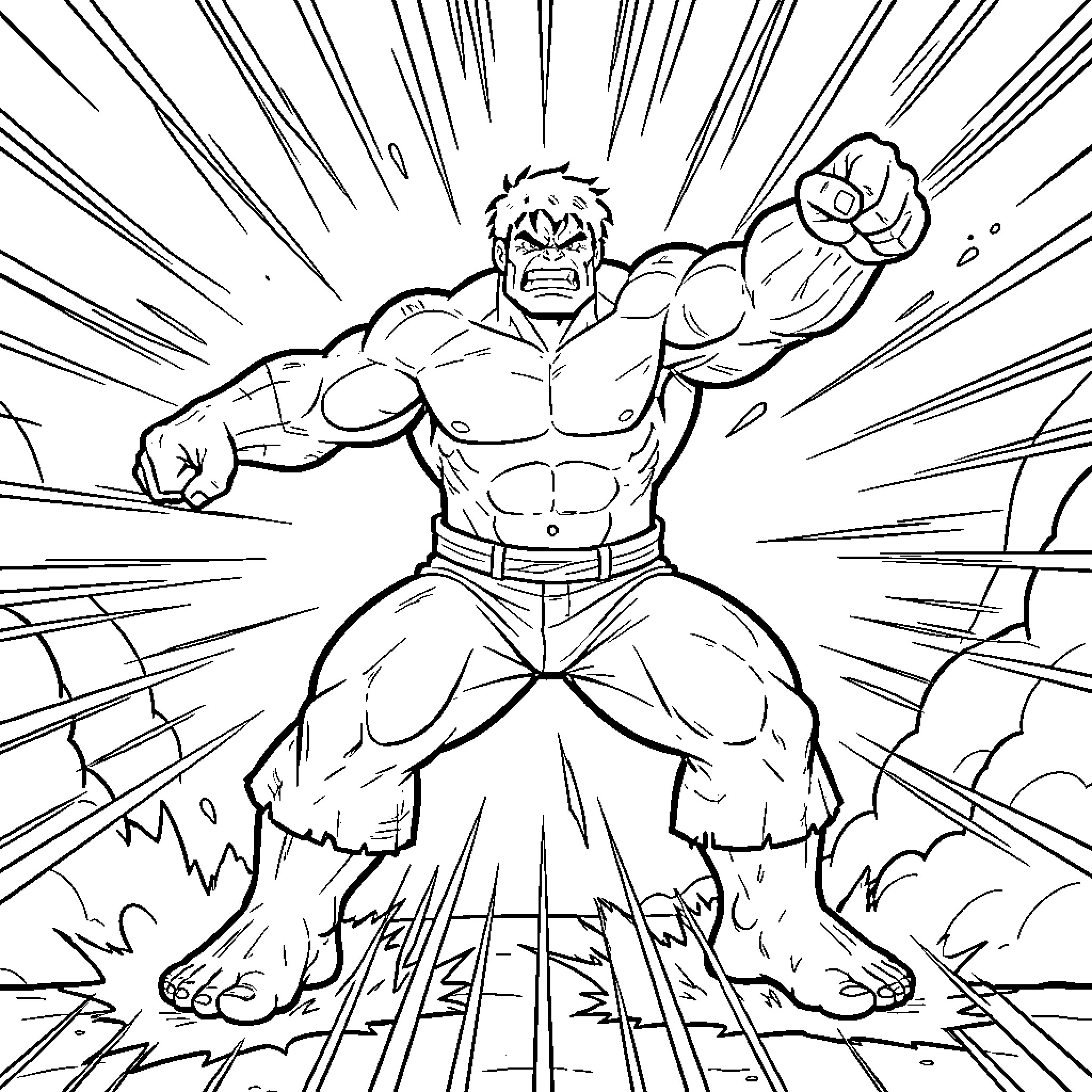 Hulk roaring powerfully while smashing the ground Coloring Page (free black-and-white line drawing printable PDF for all, from beginners to advanced learners, including children, teens, adults, and seniors)