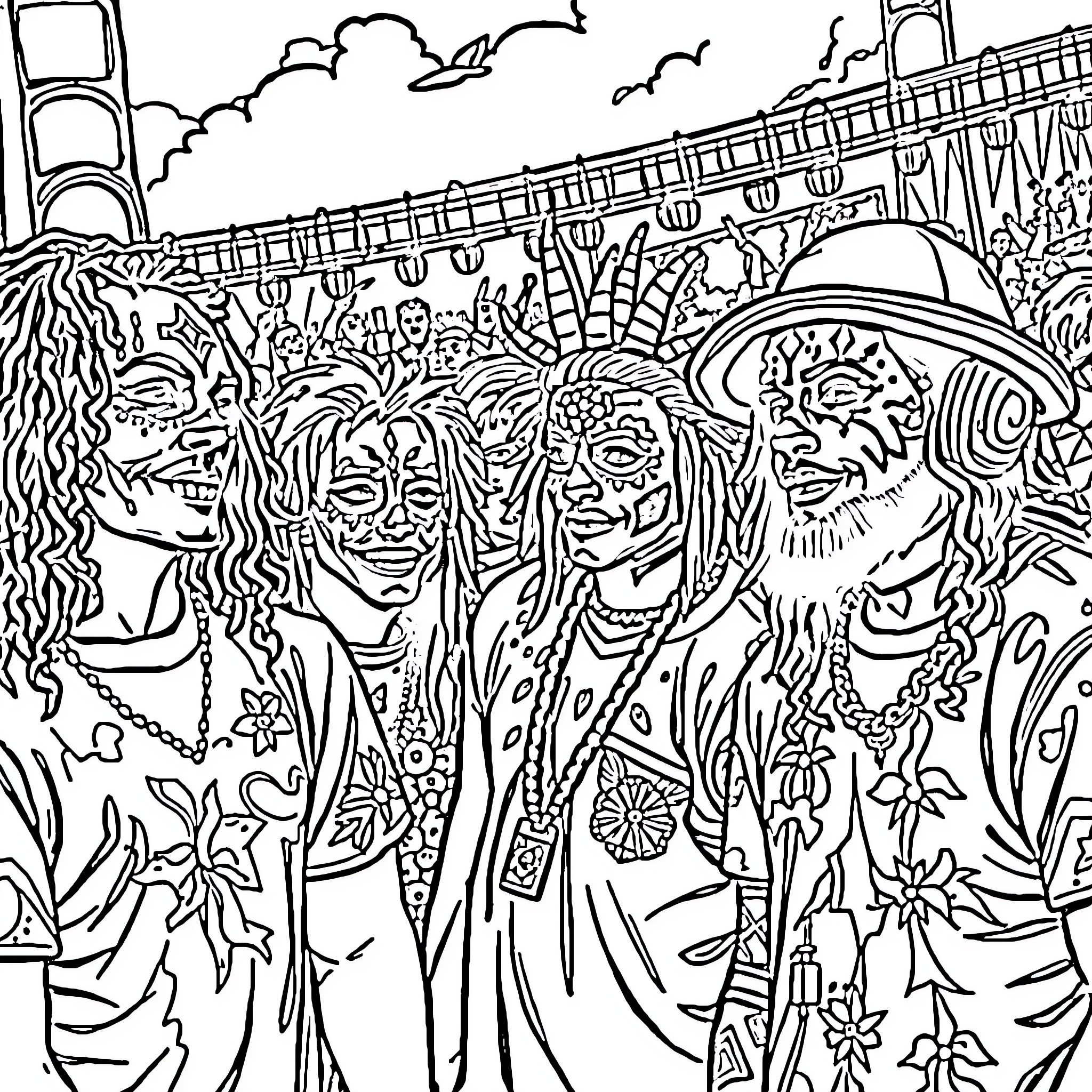 Juggalo Gathering in the Woods Coloring Page (free black-and-white line drawing printable PDF for all, from beginners to advanced learners, including children, teens, adults, and seniors)