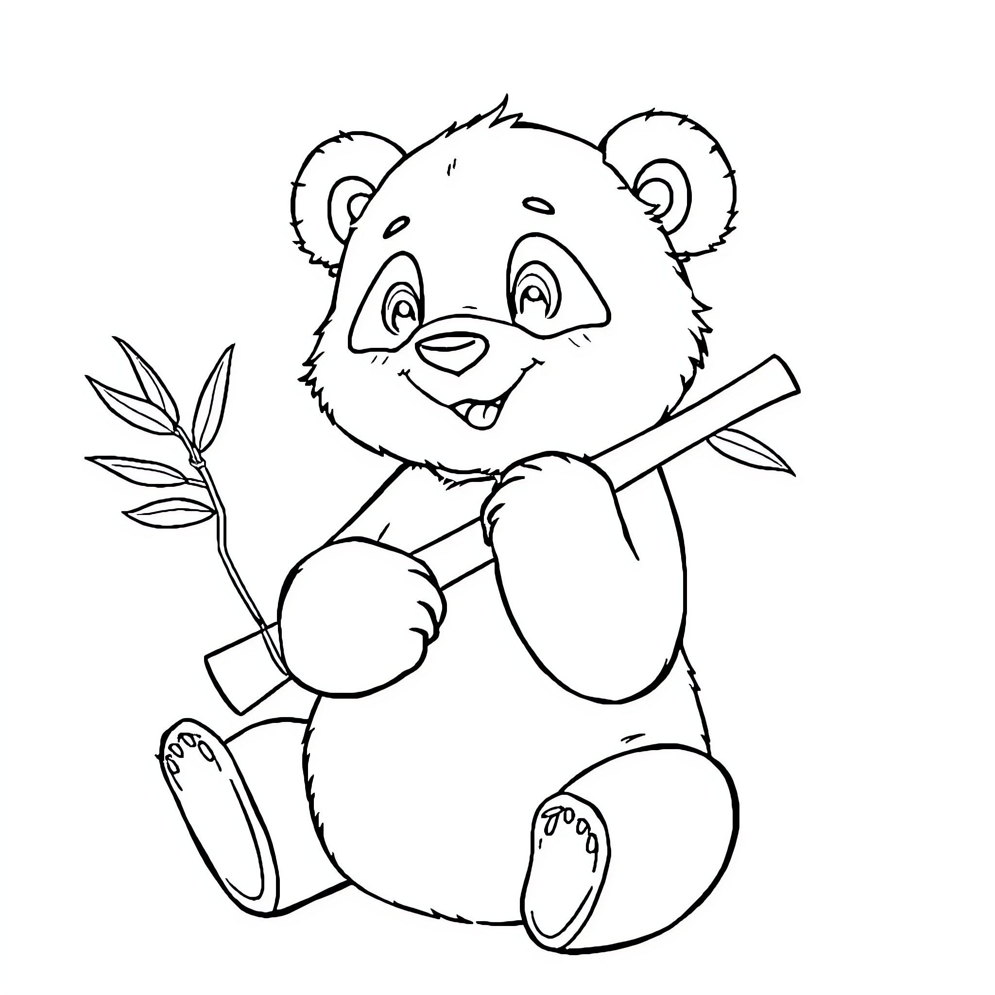 Panda holding a bamboo shoot happily Coloring Page (free black-and-white line drawing printable PDF for all, from beginners to advanced learners, including children, teens, adults, and seniors)