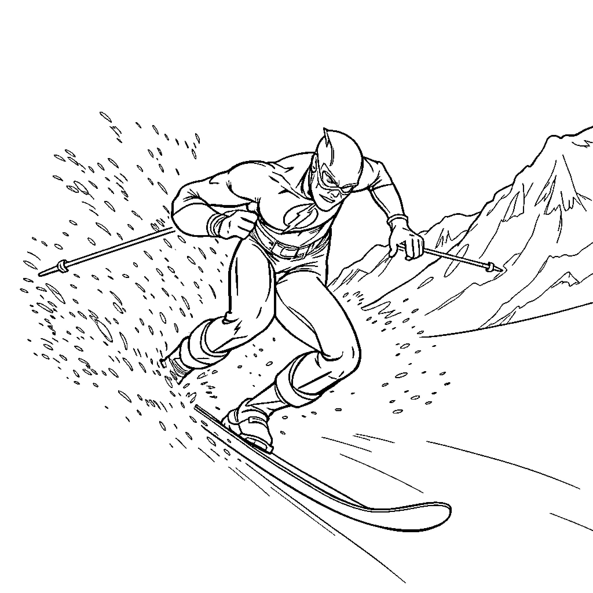 Flash speeding down the snowy mountain on a snowboard Coloring Page (free black-and-white line drawing printable PDF for all, from beginners to advanced learners, including children, teens, adults, and seniors)