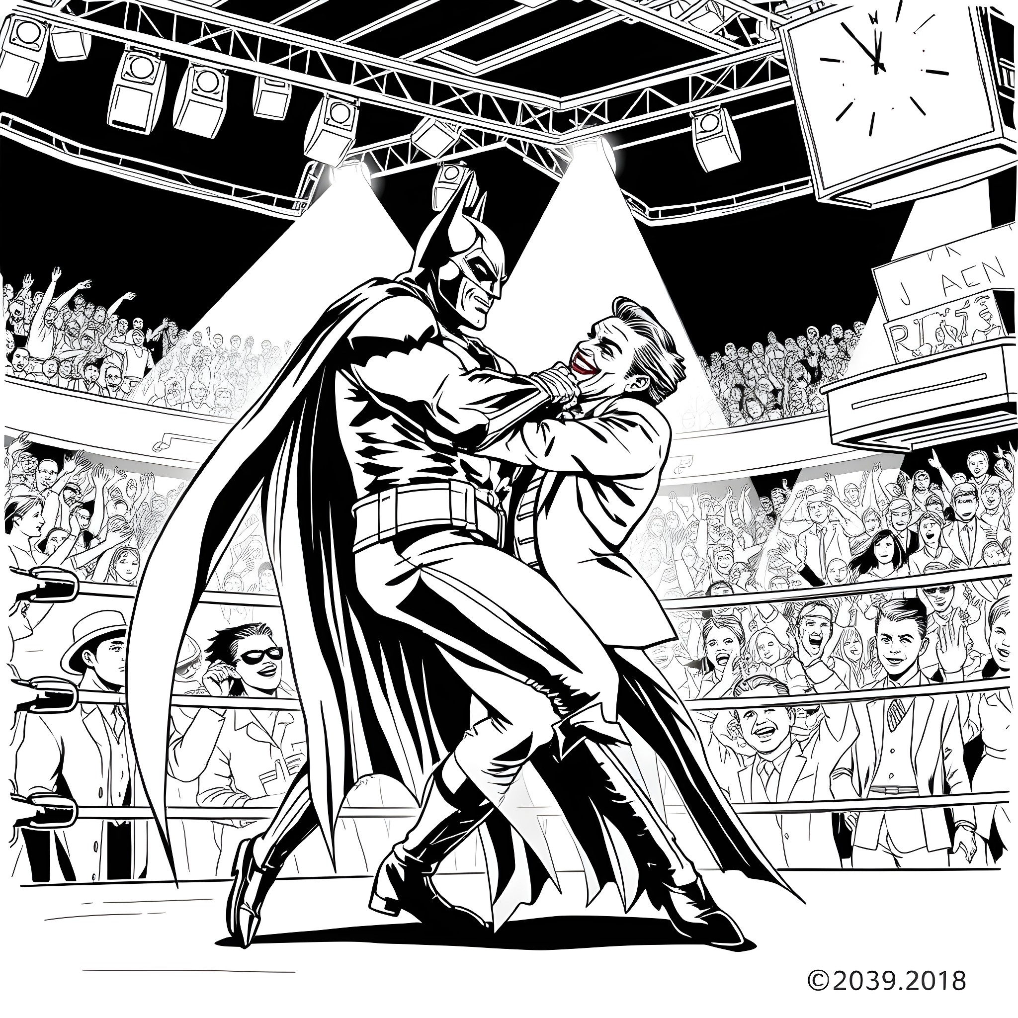 Batman's intense fight in the wrestling ring Coloring Page (free black-and-white line drawing printable PDF for all, from beginners to advanced learners, including children, teens, adults, and seniors)