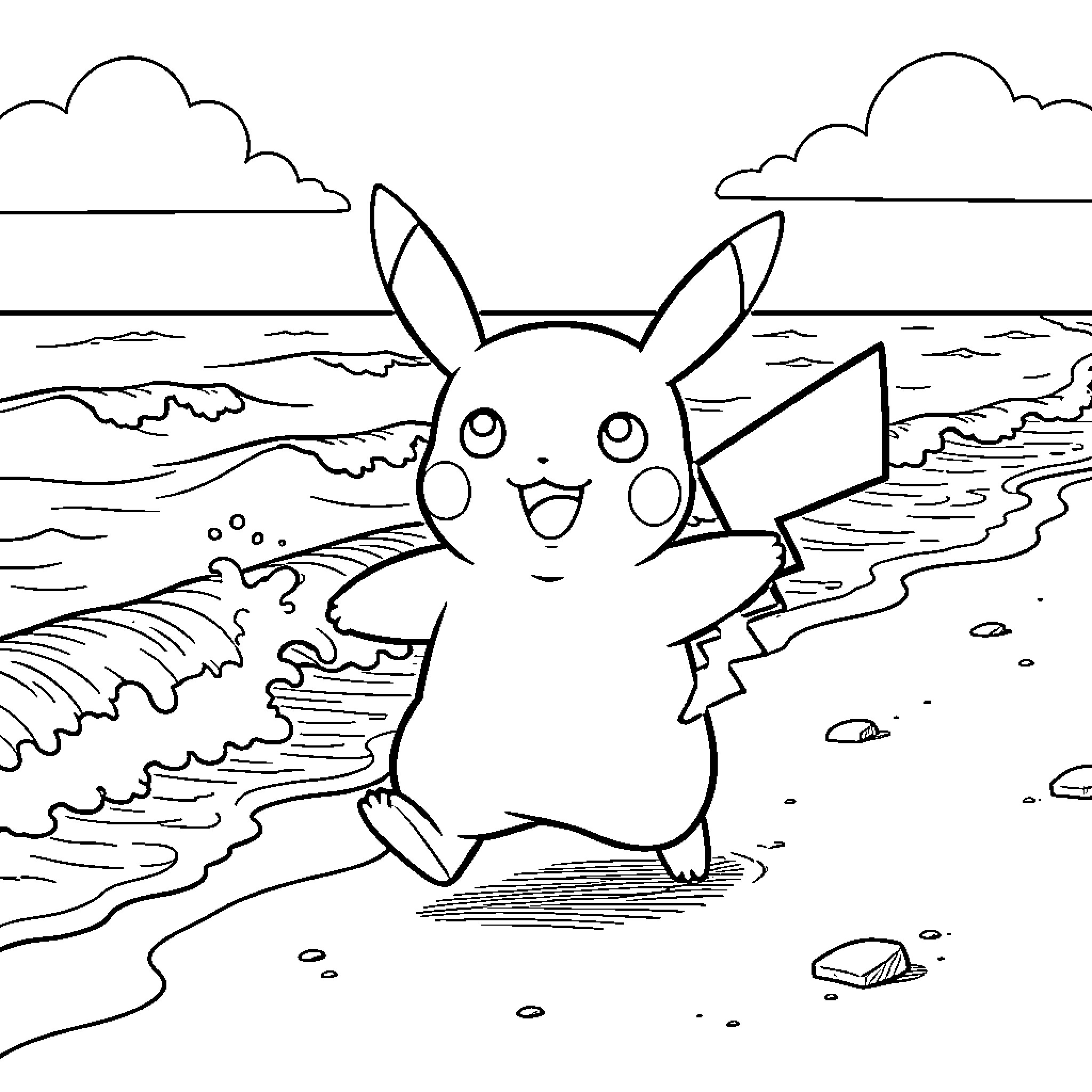 Pikachu running joyfully along the ocean beach Coloring Page (free black-and-white line drawing printable PDF for all, from beginners to advanced learners, including children, teens, adults, and seniors)