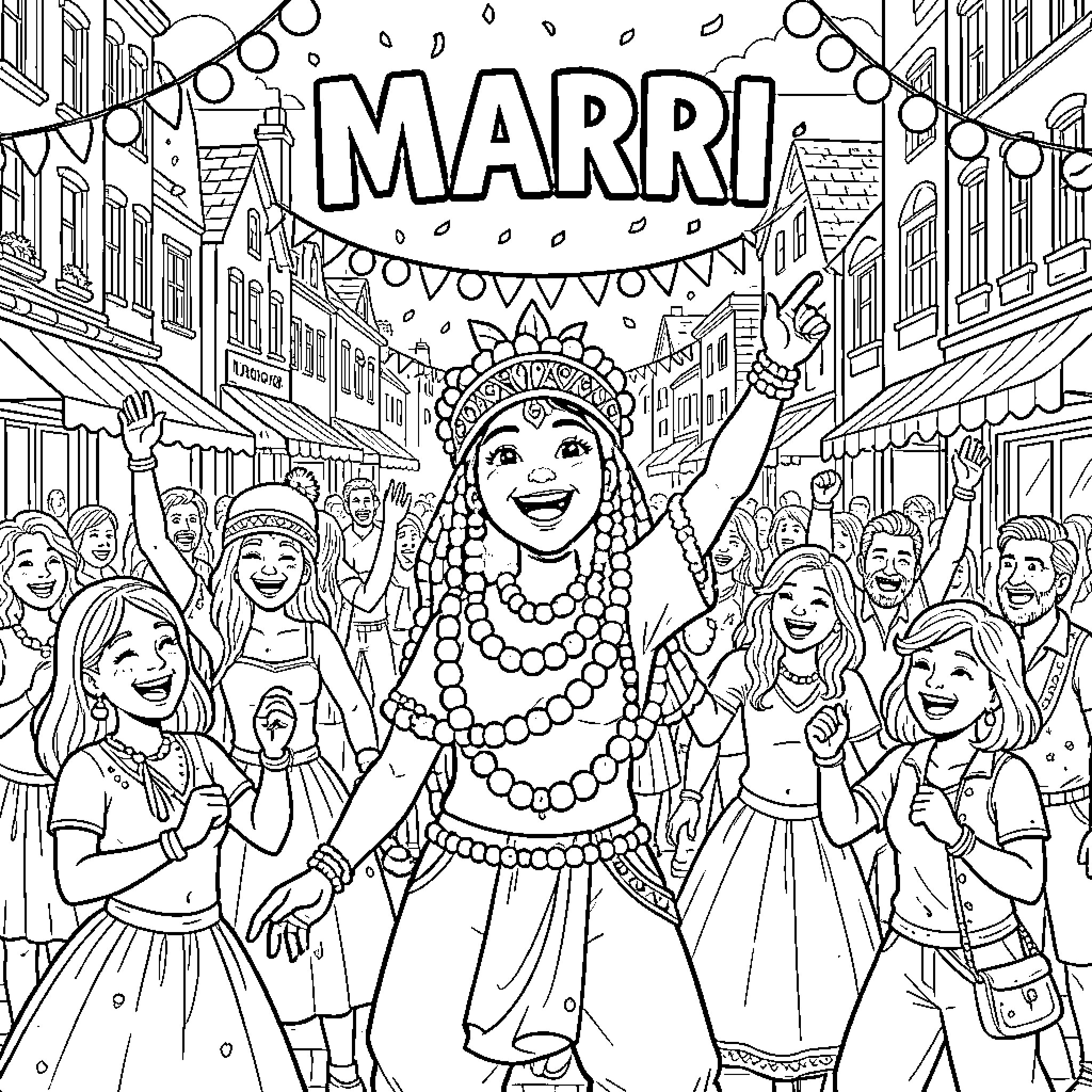 Mardi Gras celebration with festive outfits and decorations Coloring Page (free black-and-white line drawing printable PDF for all, from beginners to advanced learners, including children, teens, adults, and seniors)